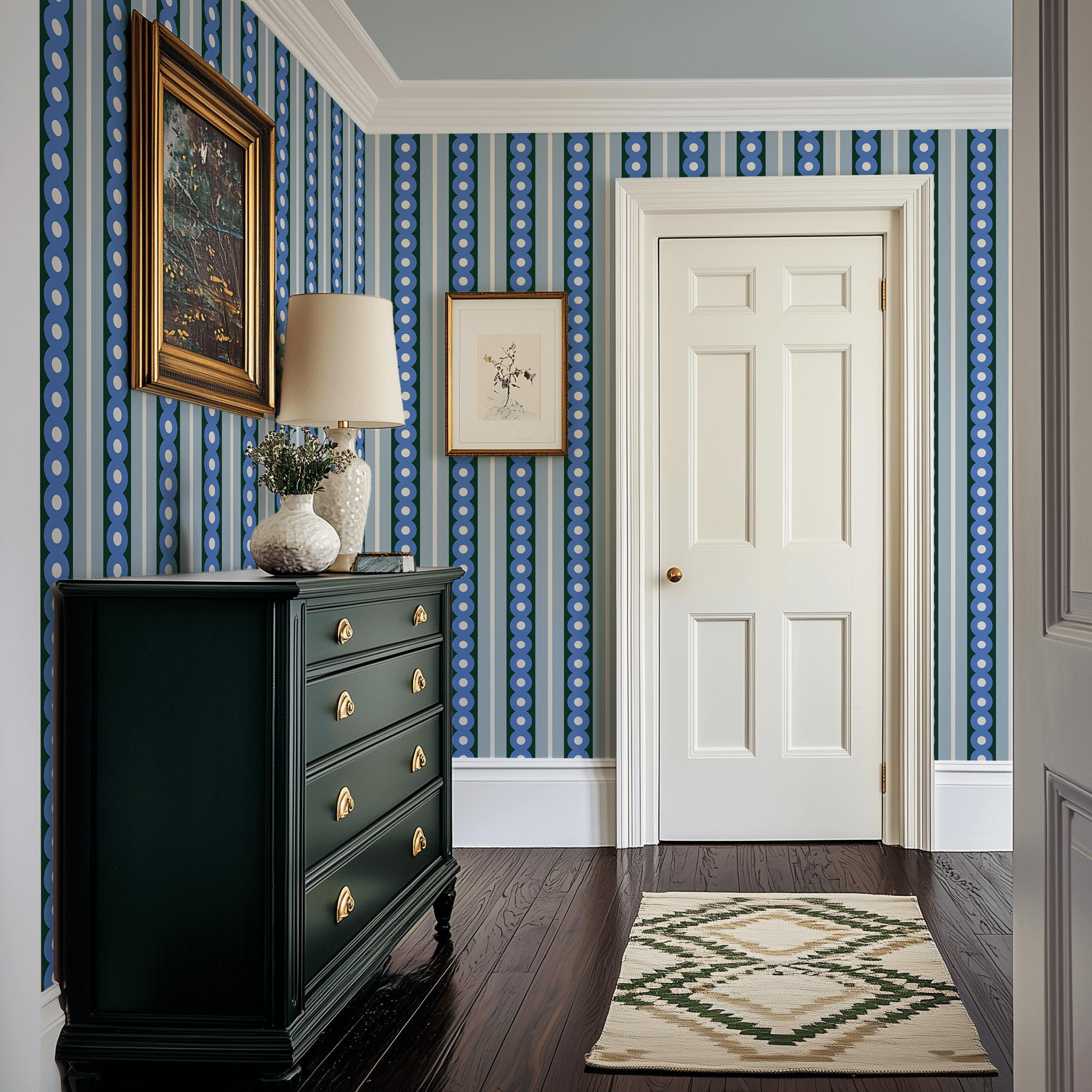 Blue Circles Wide Stripe Wallpaper - Huggleberry Hill