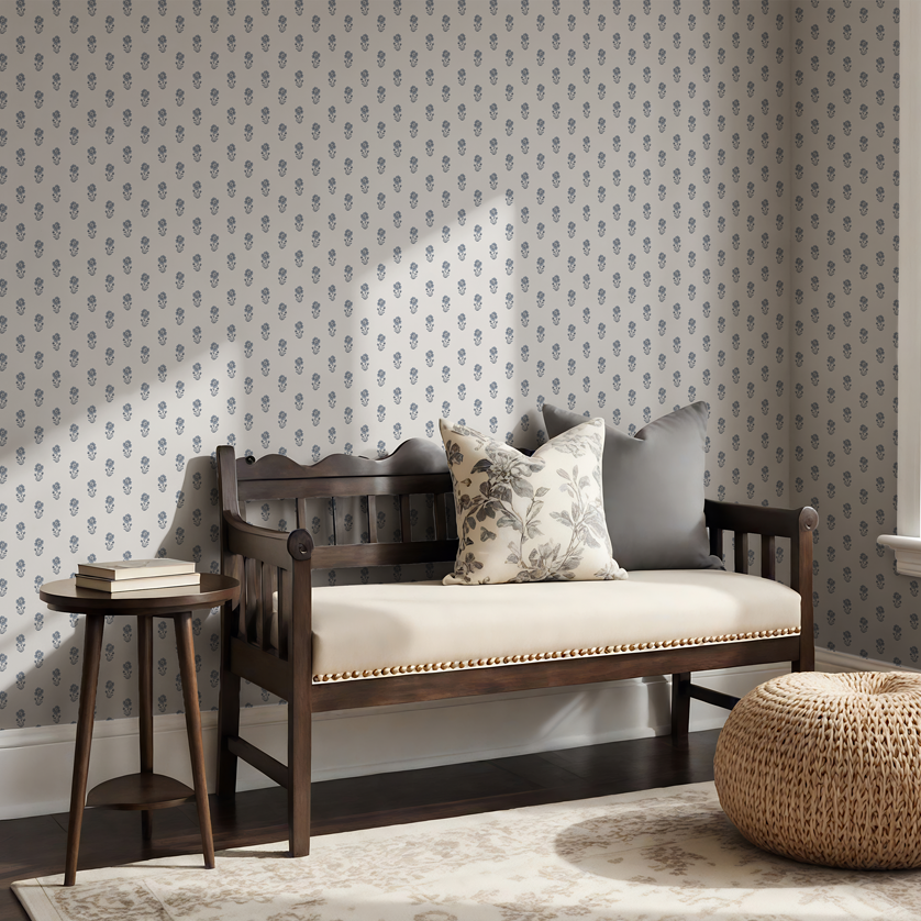 Blue farmhouse poppy wallpaper in a light room with wooden bench, neutral cushions, and soft natural textures
