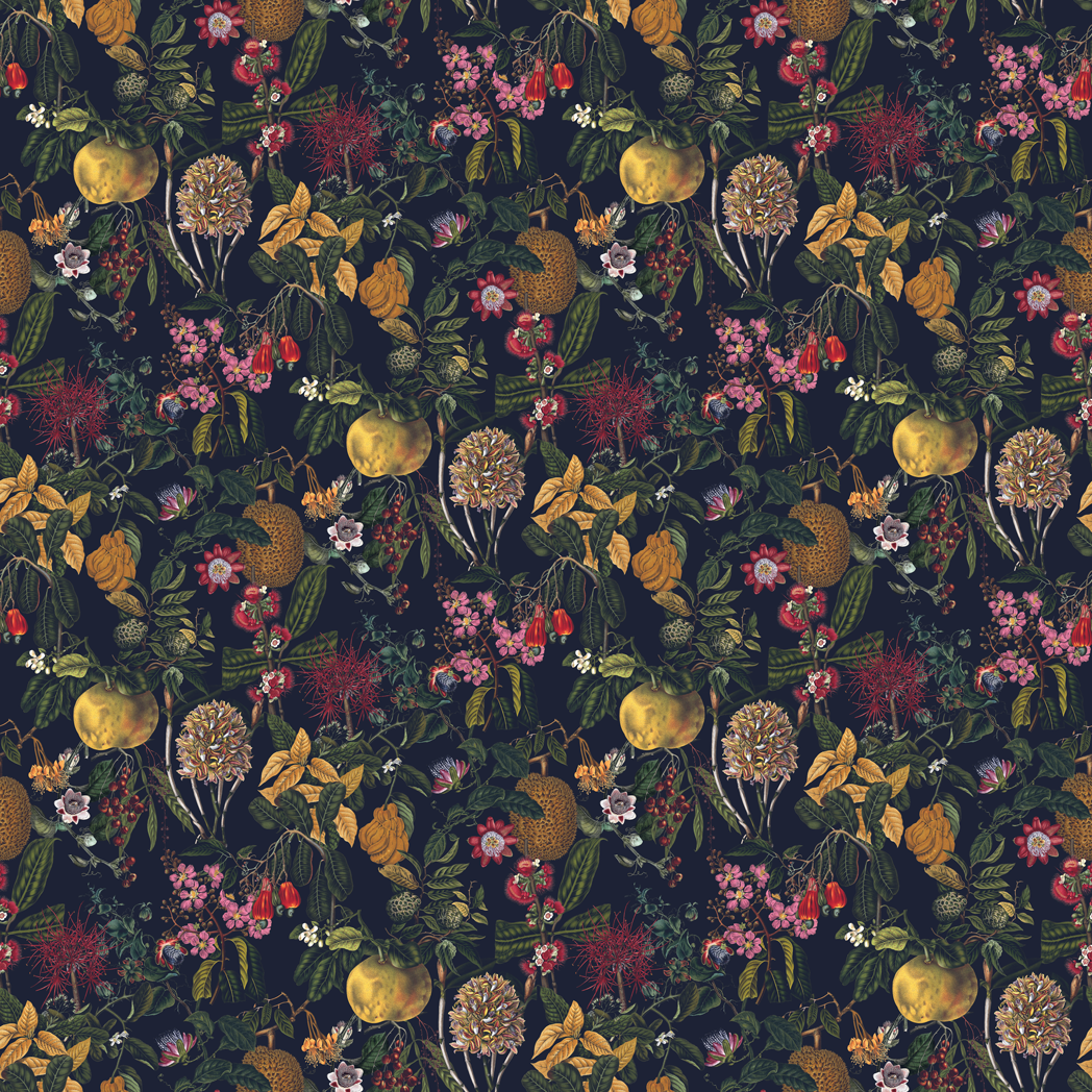 Patterned fabric with flowers and fruits on a dark background