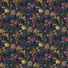 Patterned fabric with flowers and fruits on a dark background