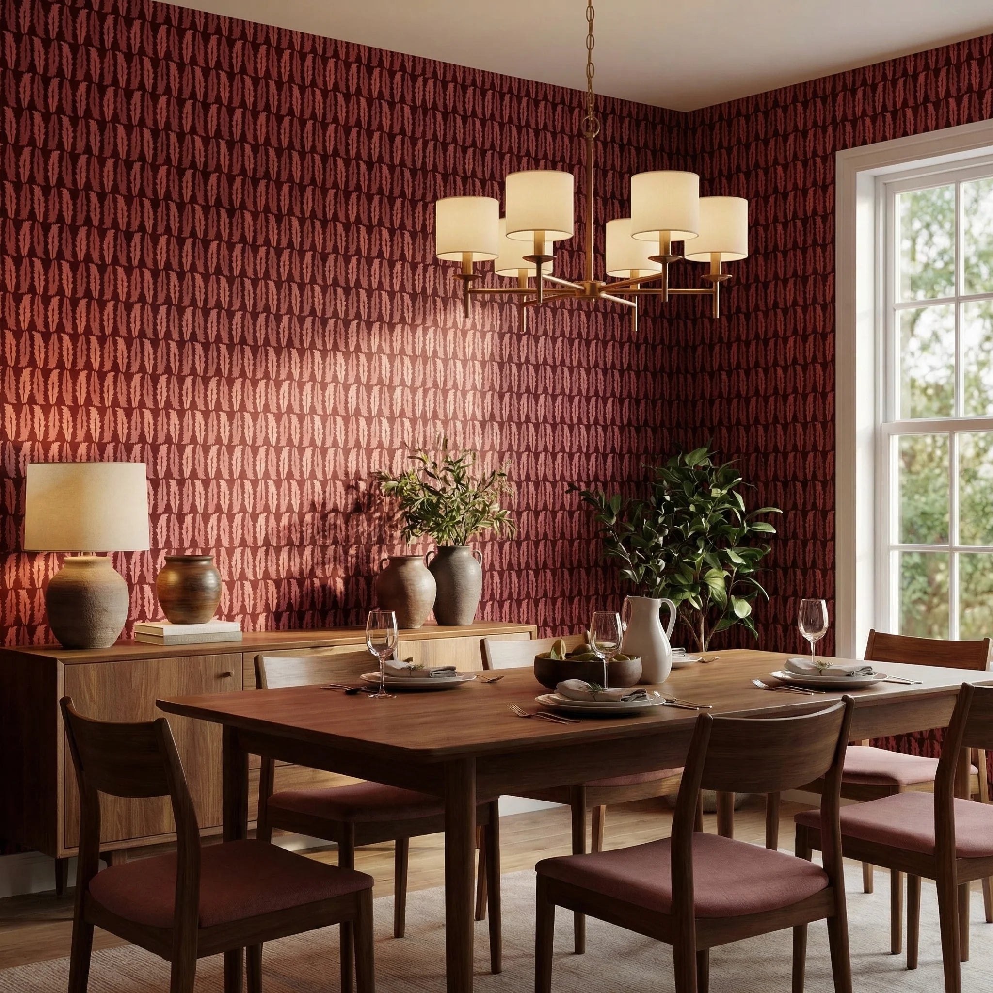 Dining room with patterned walls, wooden table, and chairs.