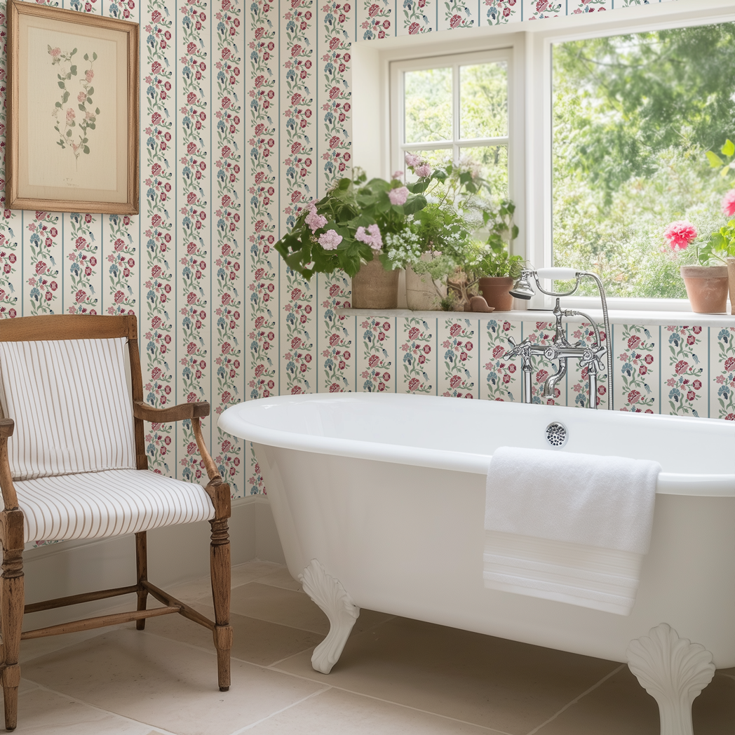 cottage bathroom with vintage bathtub and floral stripe wallpaper