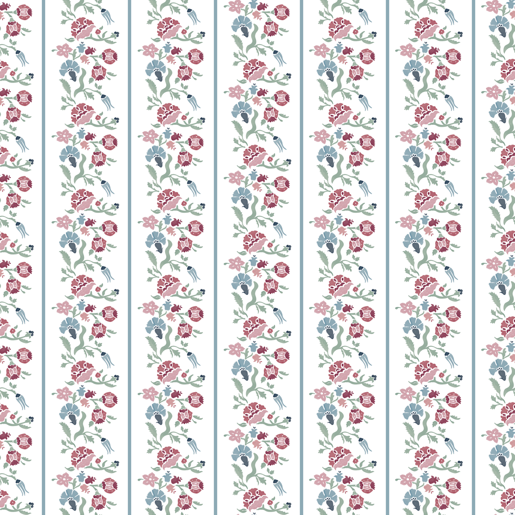 Garden Stripe floral stripe wallpaper sample showing botanical flowers arranged in vertical stripes