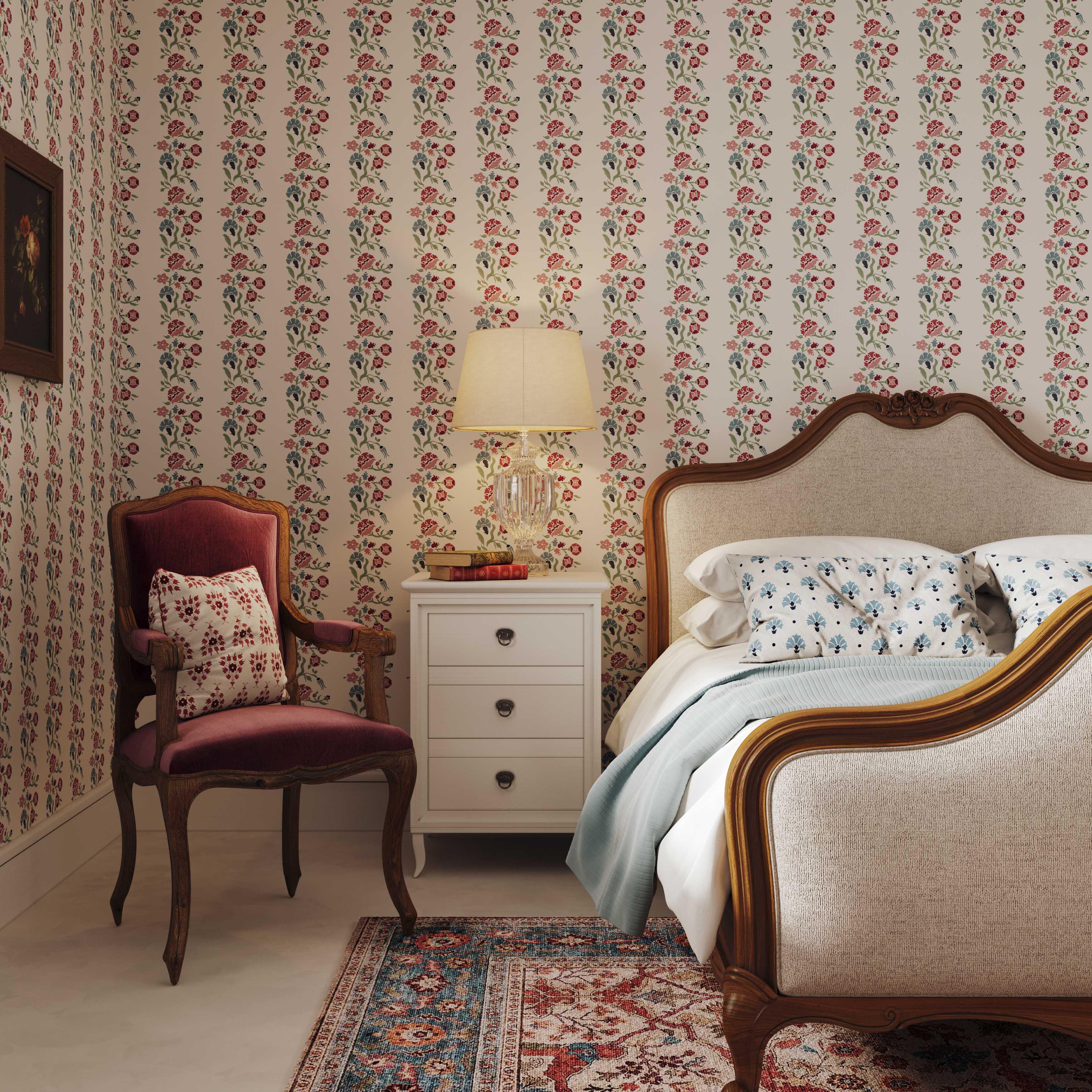 Giardinetti wallpaper styled in a vintage floral striped room interior