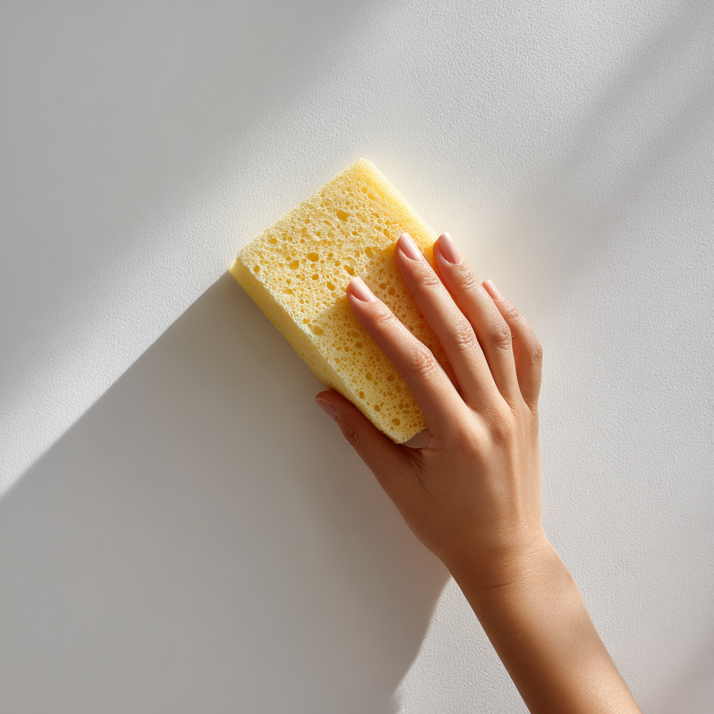 Preparing a wall for wallpaper installation – hand cleaning a smooth surface with a sponge in soft natural light