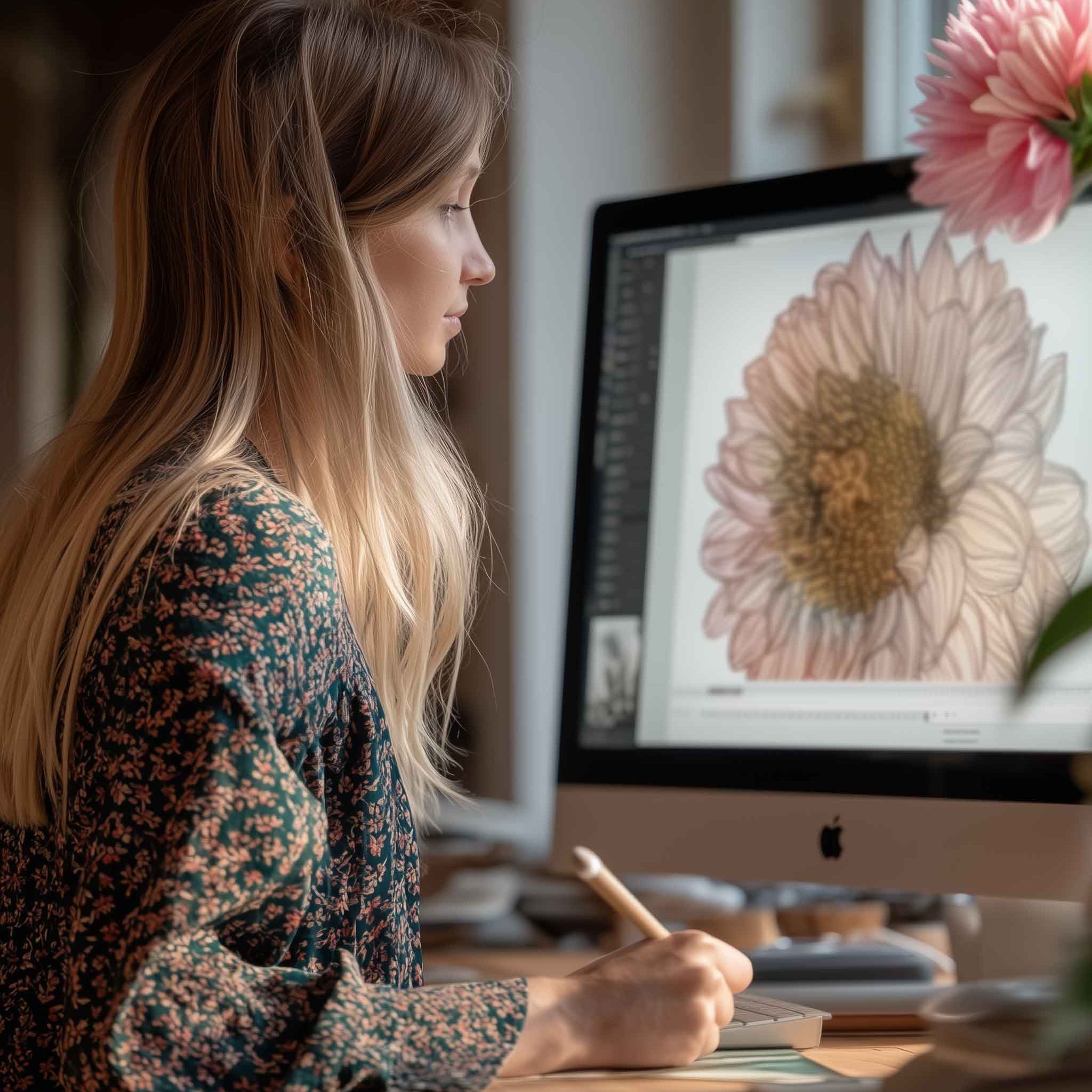 Woman working at a desk with a computer displaying a floral image.