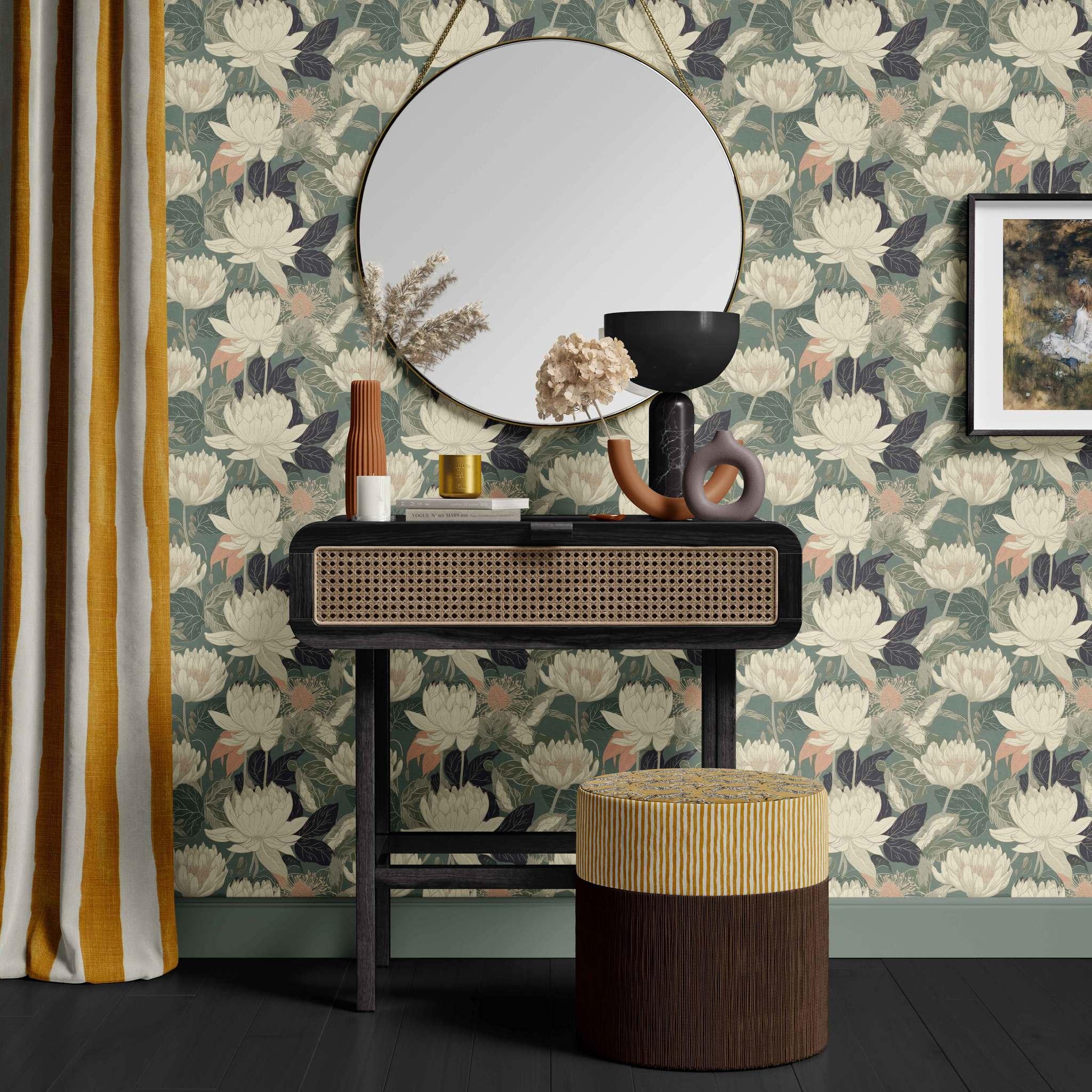 Kiku’s Dream Wallpaper styled in a living room with oversized cream florals and muted botanical tones