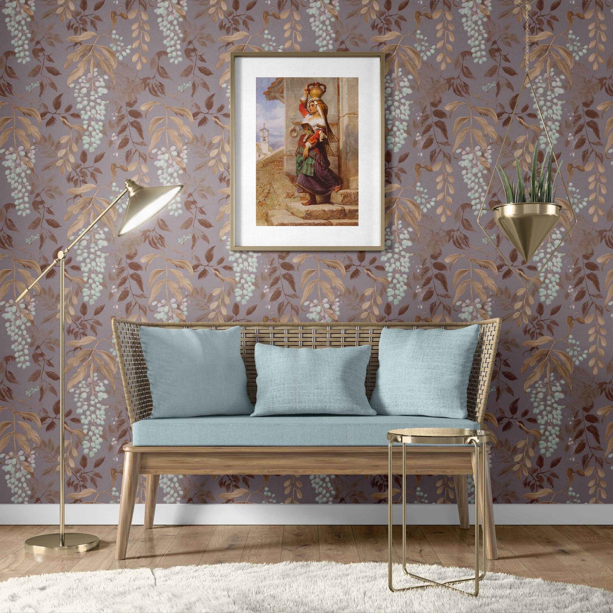 Lady Lilac Wallpaper in styled interior, mauve backdrop with floral design - Huggleberry Hill