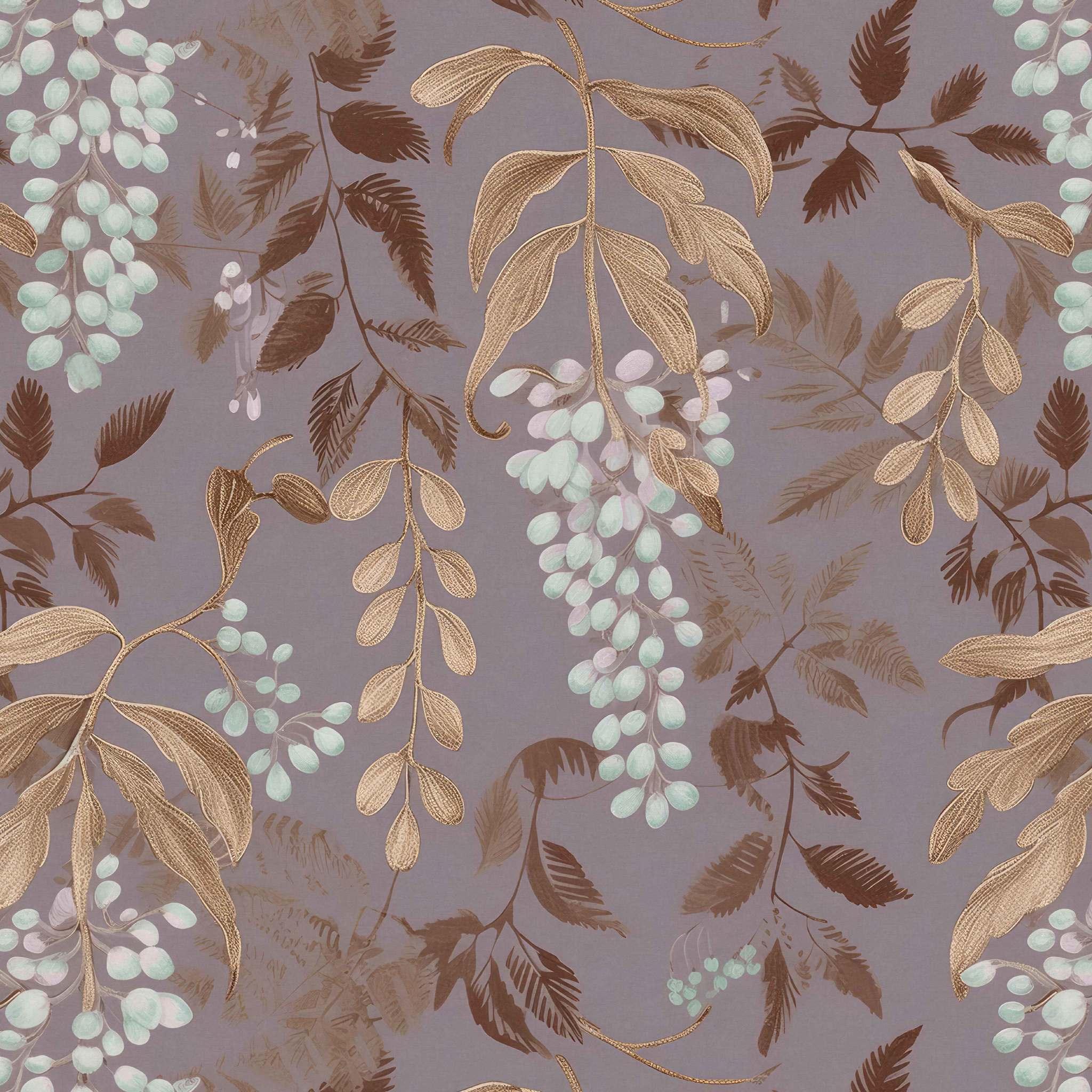 Lady Lilac Wallpaper swatch – mauve background, lilac clusters, gold leaves - Huggleberry Hill