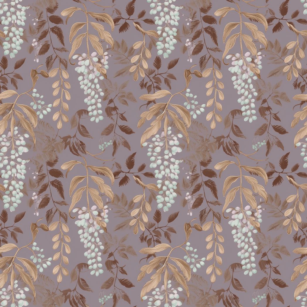 closeup pattern of blue and gold wisteria against a lilac purple background