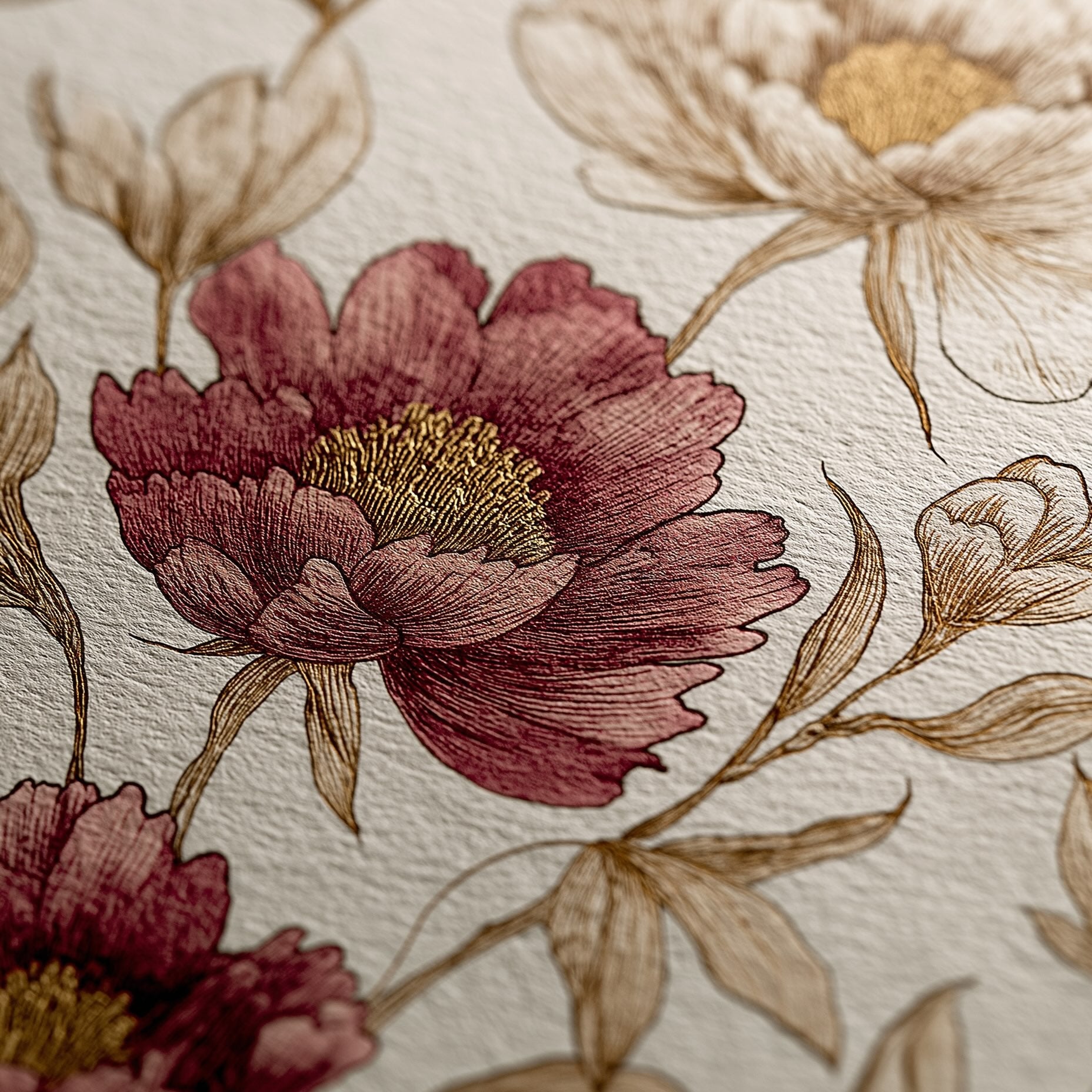 Close-up of a floral pattern with red and beige flowers on a textured beige background
