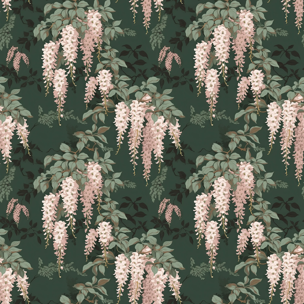 closeup of wallpaper pattern showing pink wisteria blooms trailing against a green background