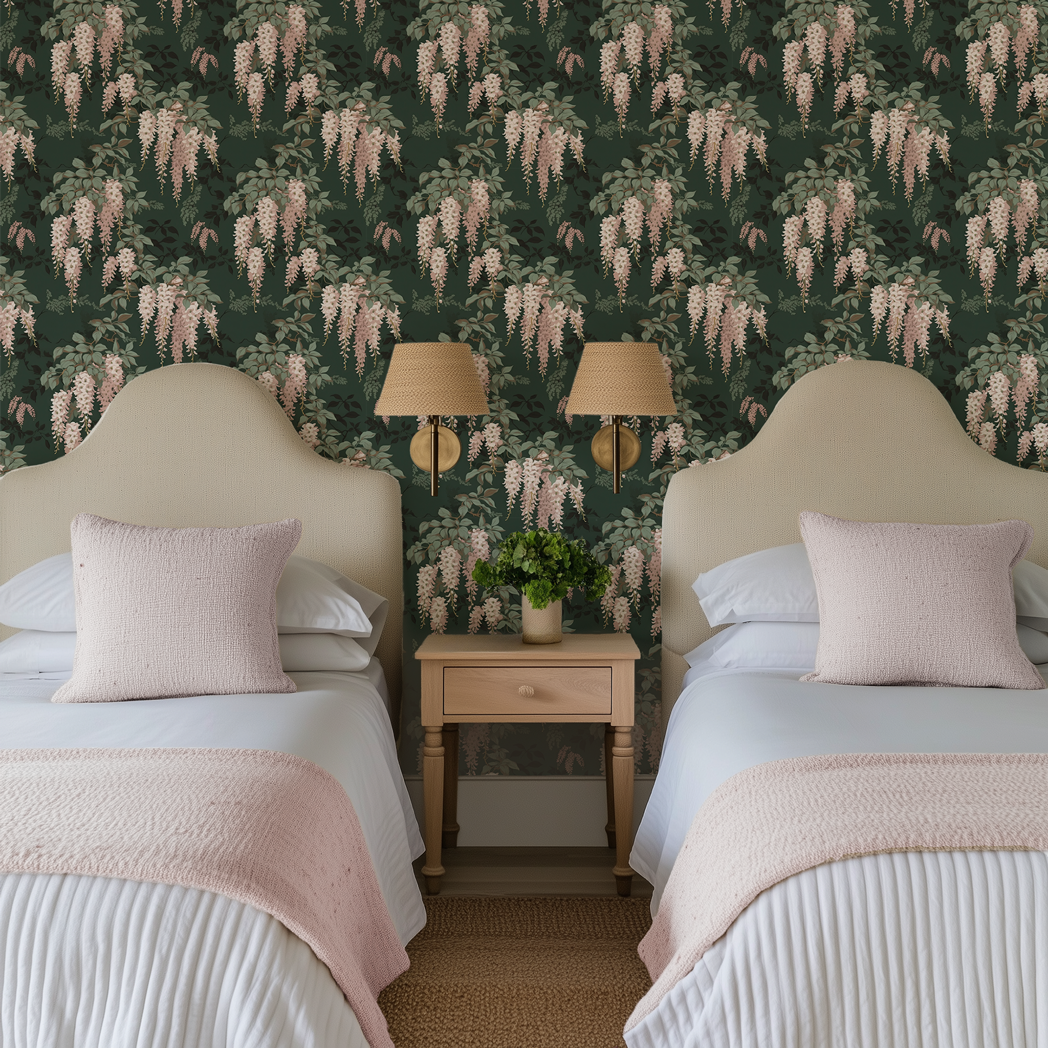 bedroom scene with twin beds and pink and green wisteria floral wallpaper