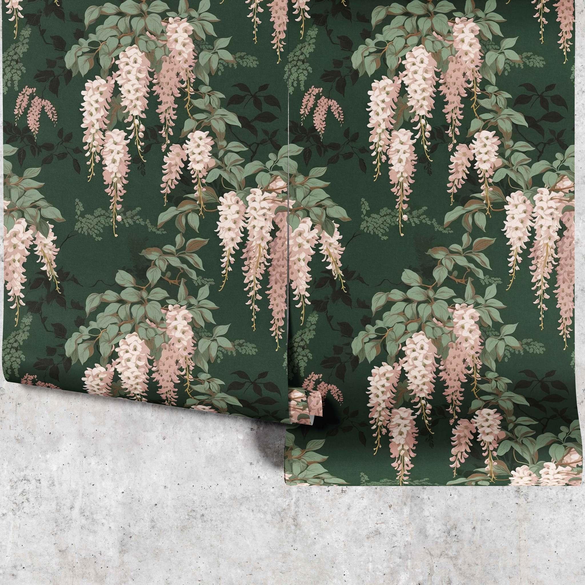 Lovestruck Wisteria Wallpaper panel – blush pink wisteria on dark forest green background - Huggleberry Hill