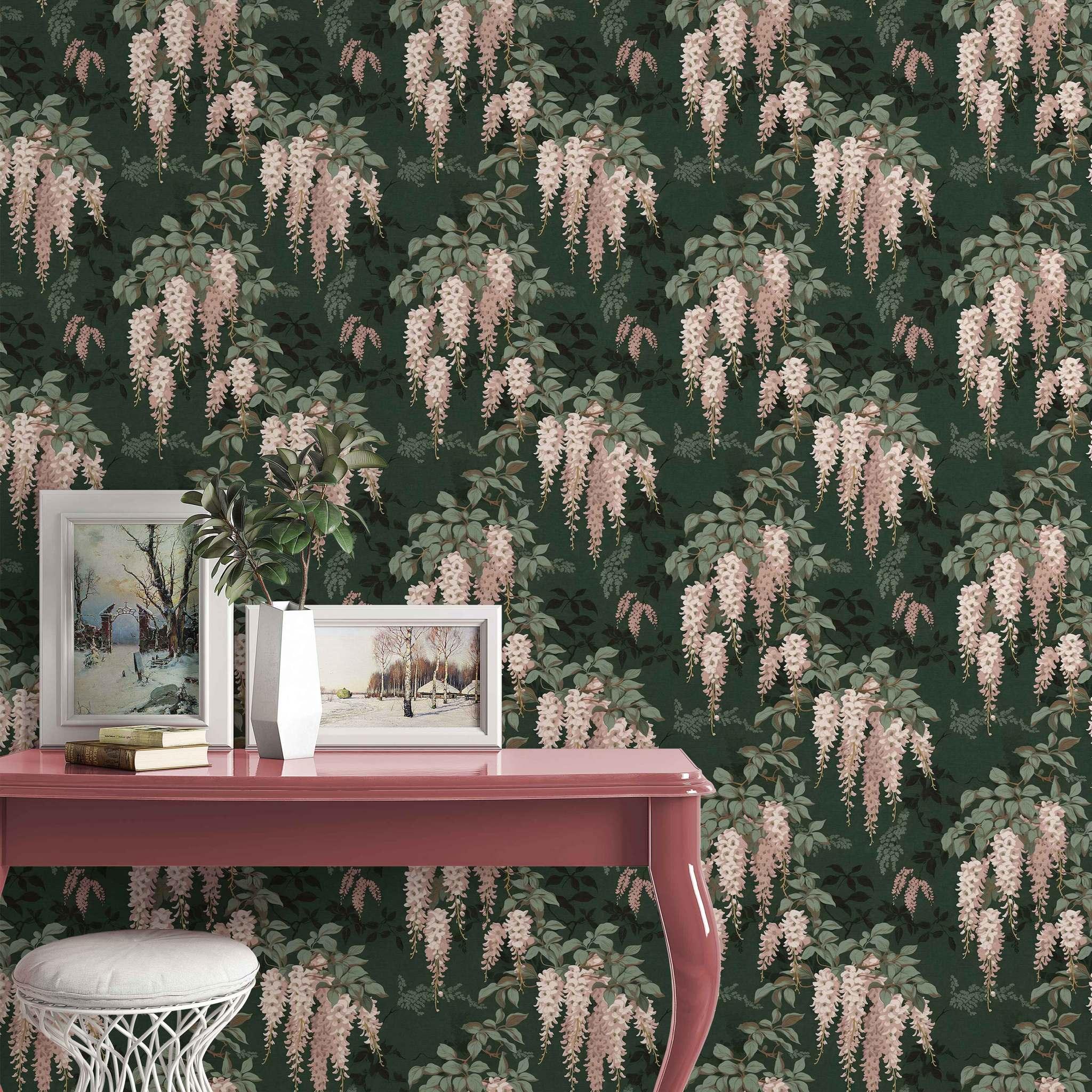 Lovestruck Wisteria Wallpaper styled interior – romantic floral design with green backdrop - Huggleberry Hill