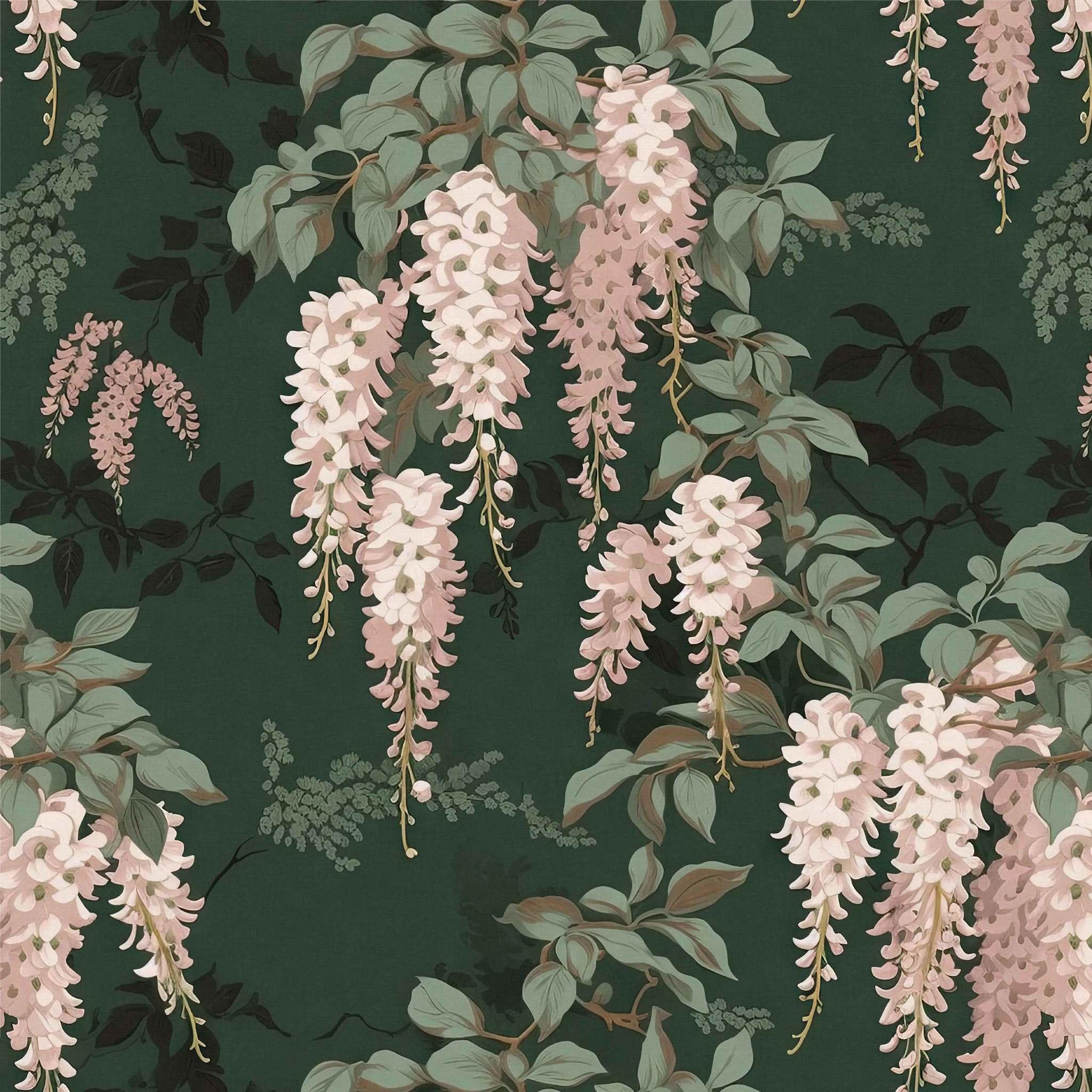 Lovestruck Wisteria Wallpaper swatch – dark green background with cascading blush pink flowers - Huggleberry Hill