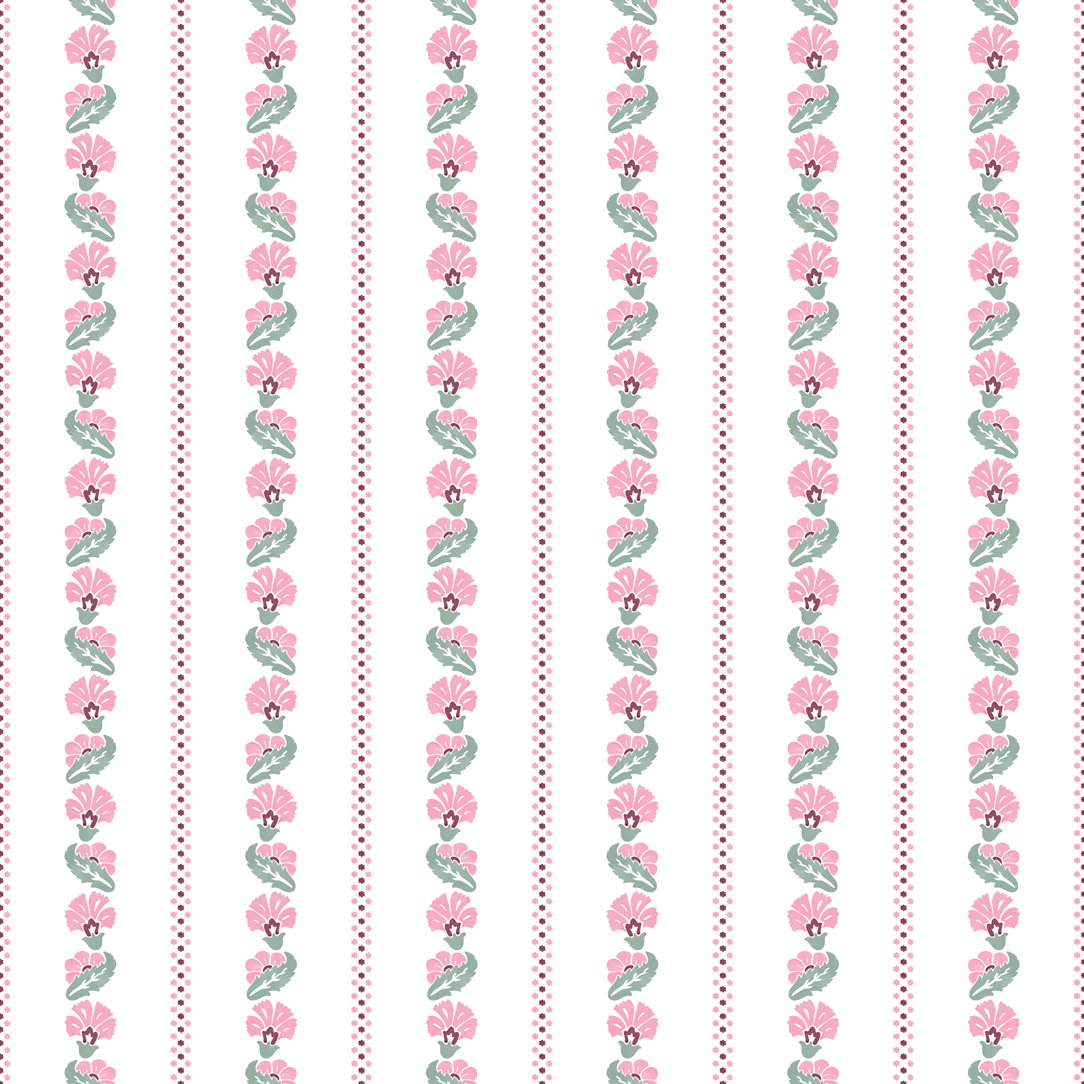 Decorative pattern with pink flowers and green leaves on a white background