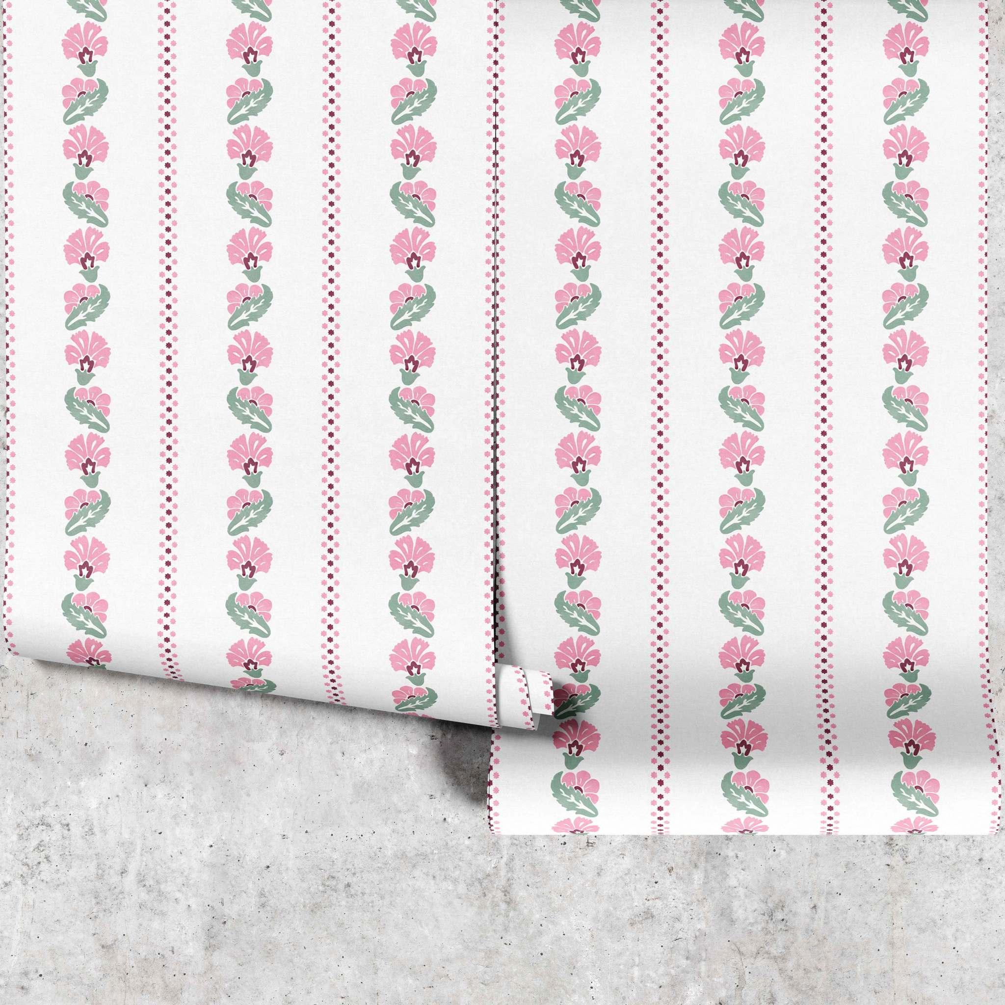 Marsh Mallow wallpaper full panel in pink showing floral stripe pattern - Huggleberry Hill