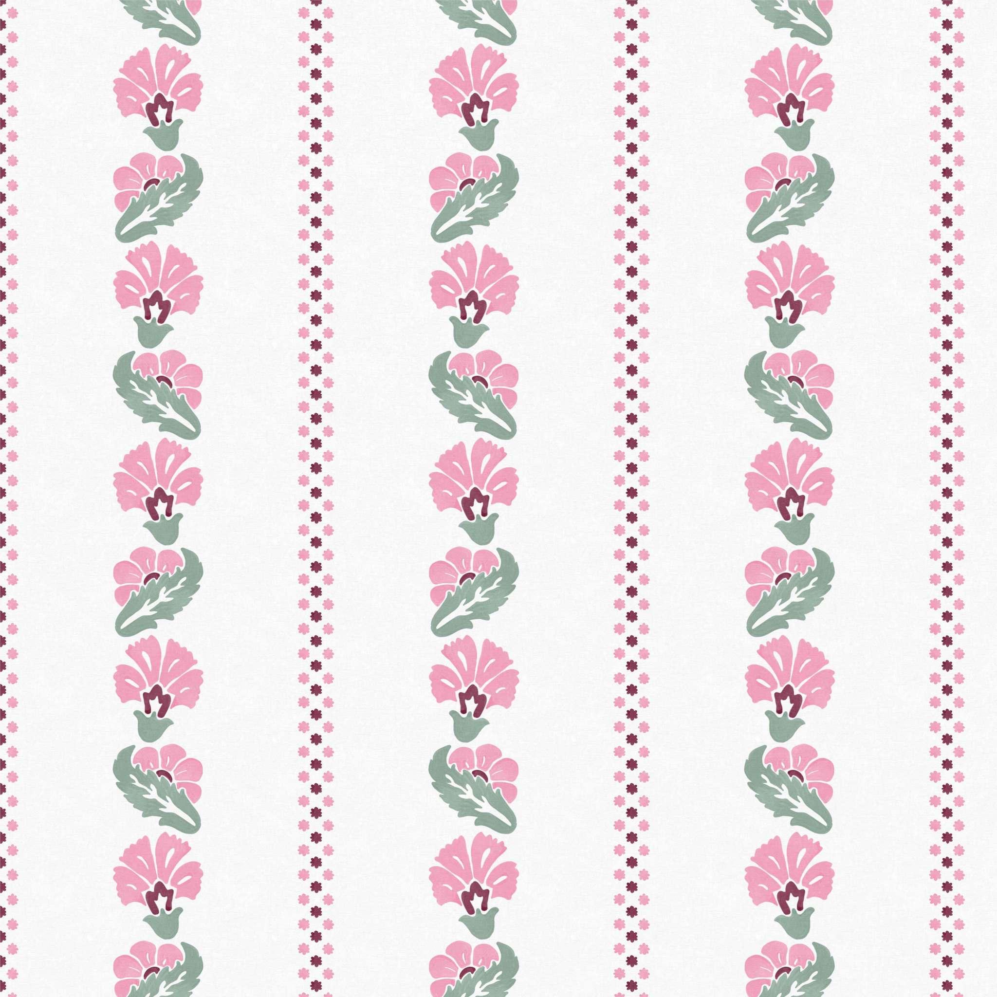 Close-up swatch of Marsh Mallow wallpaper in pink with floral stripe and dotted border - Huggleberry Hill