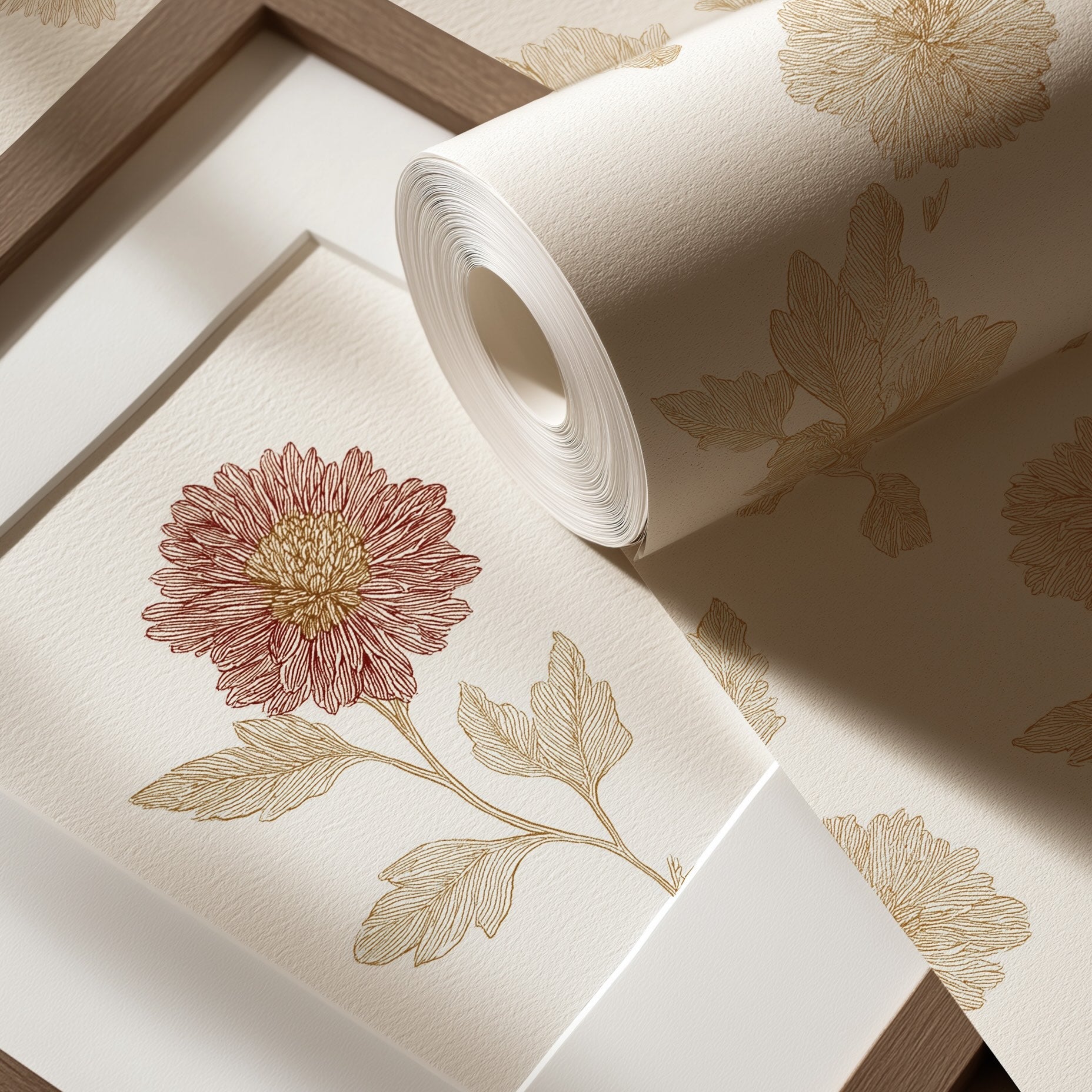 Roll of floral wallpaper with a framed sample on a matching background