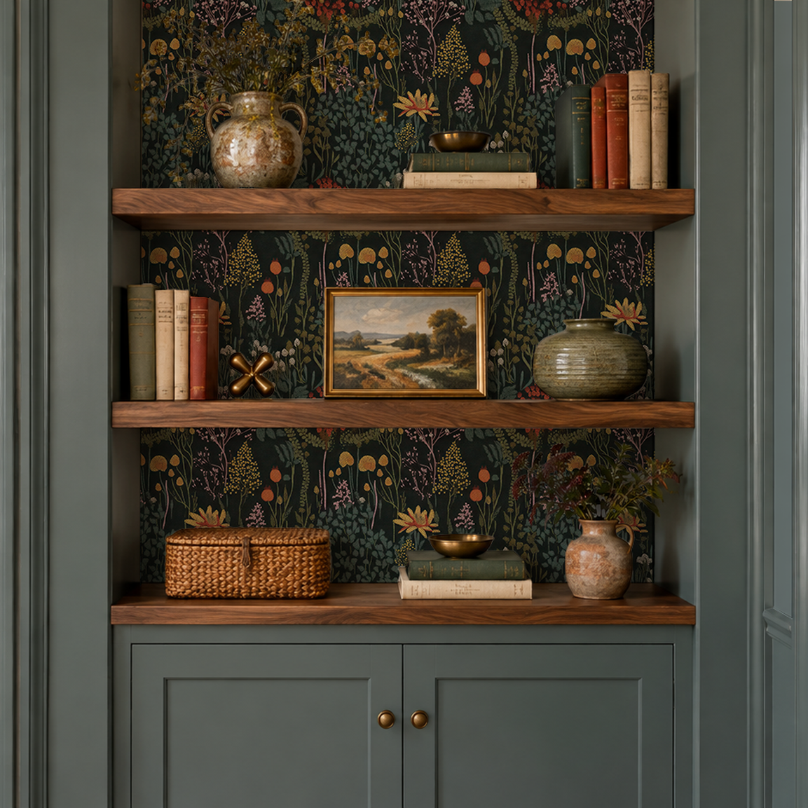 A styled interior shelving display with three rustic wooden floating shelves mounted on a dark green botanical patterned wall above a muted blue-green cabinet. The shelves are decorated with books, ceramic vases, a small framed landscape print, a woven basket, and decorative objects.