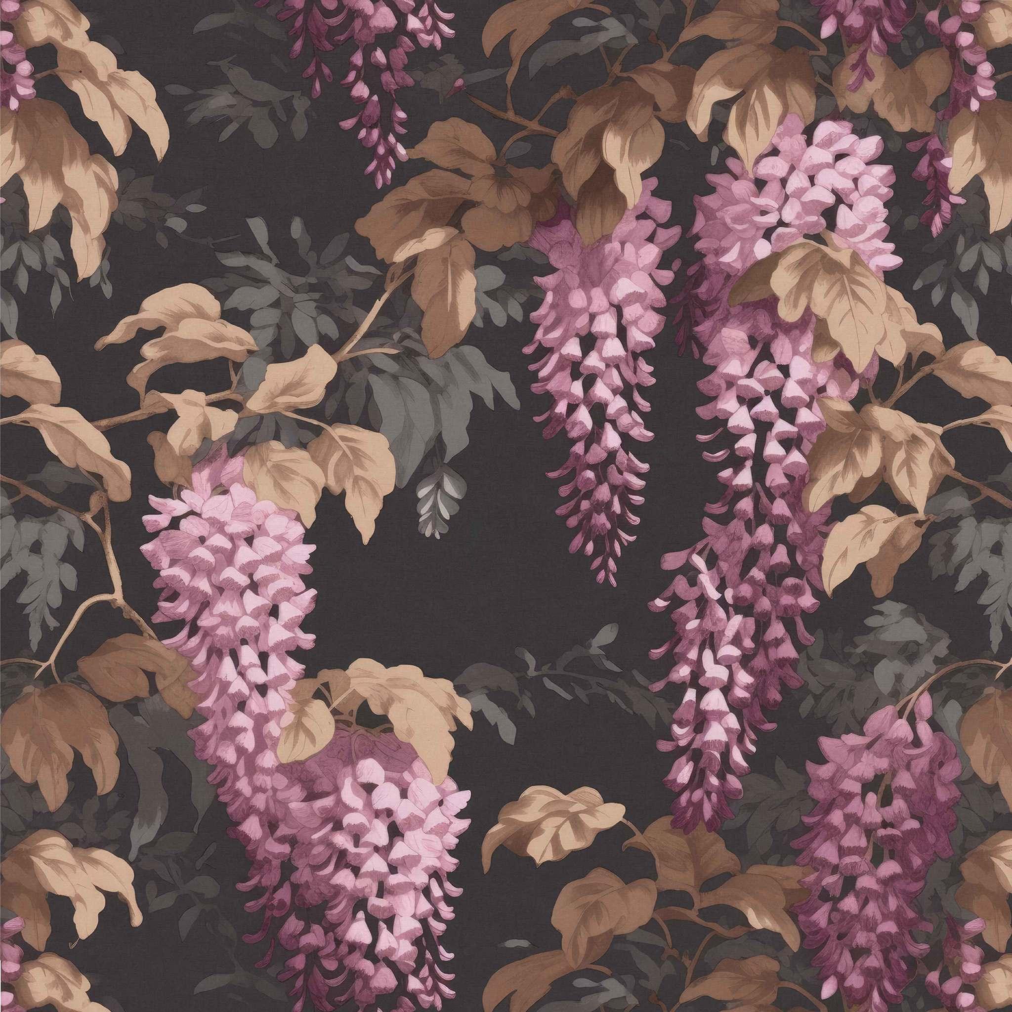Midnight Wisteria Wallpaper swatch – charcoal background with plum and blush wisteria - Huggleberry Hill