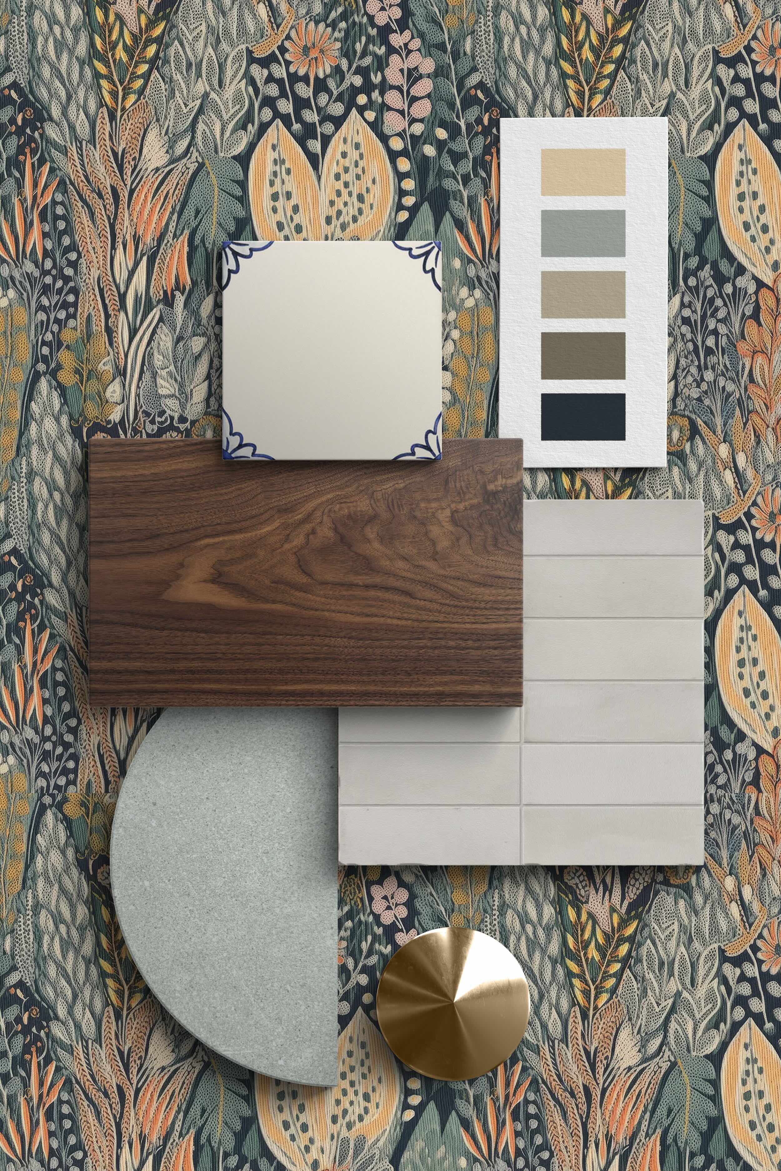 A moodboard laid over a botanical wallpaper in deep greens and ochre tones, featuring a wooden sample, neutral tile pieces, a round stone sample, a brass disc, a cream tile with blue edging, and a vertical paint palette card