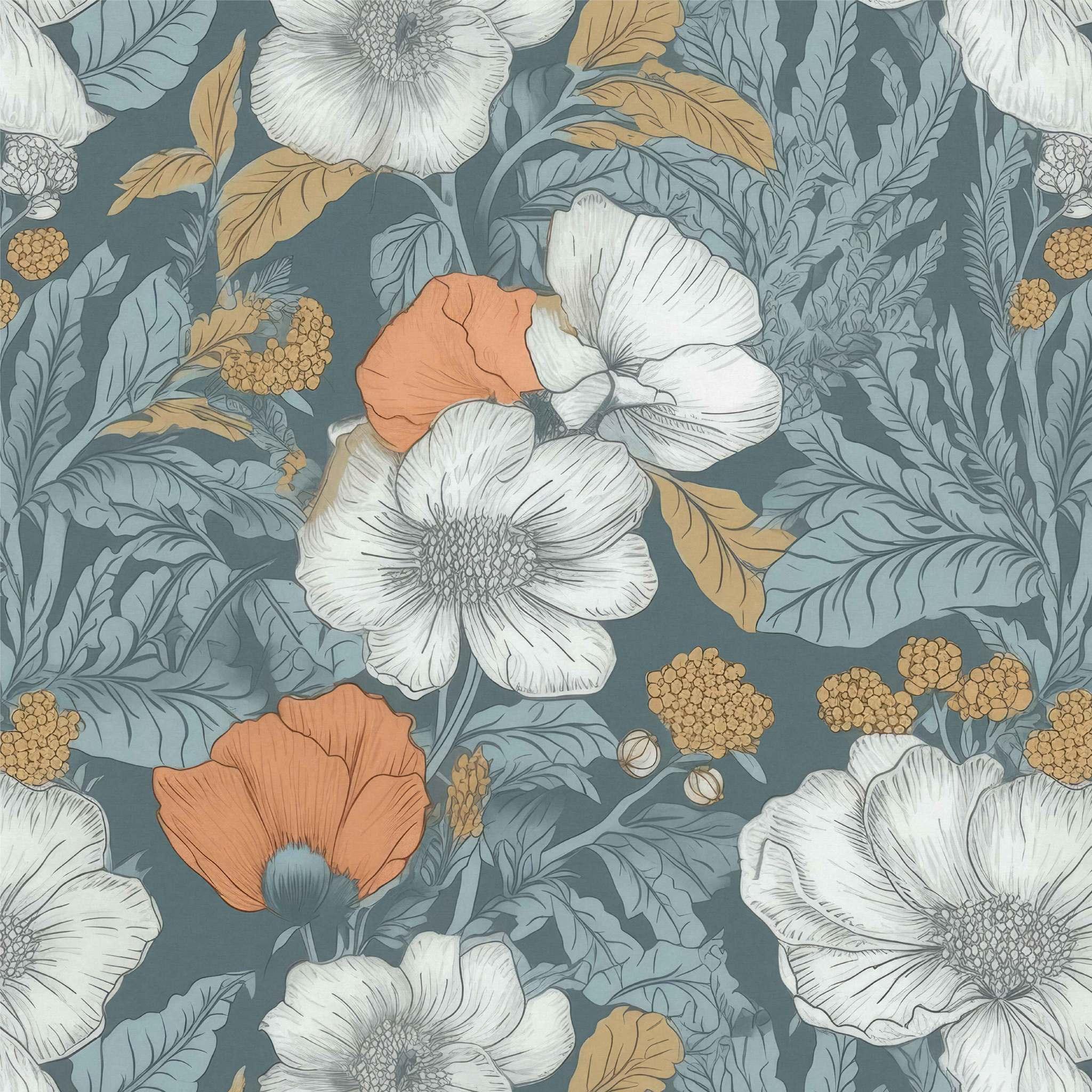 Poppy Passion Wallpaper swatch with oversized orange poppies and grey foliage - Huggleberry Hill