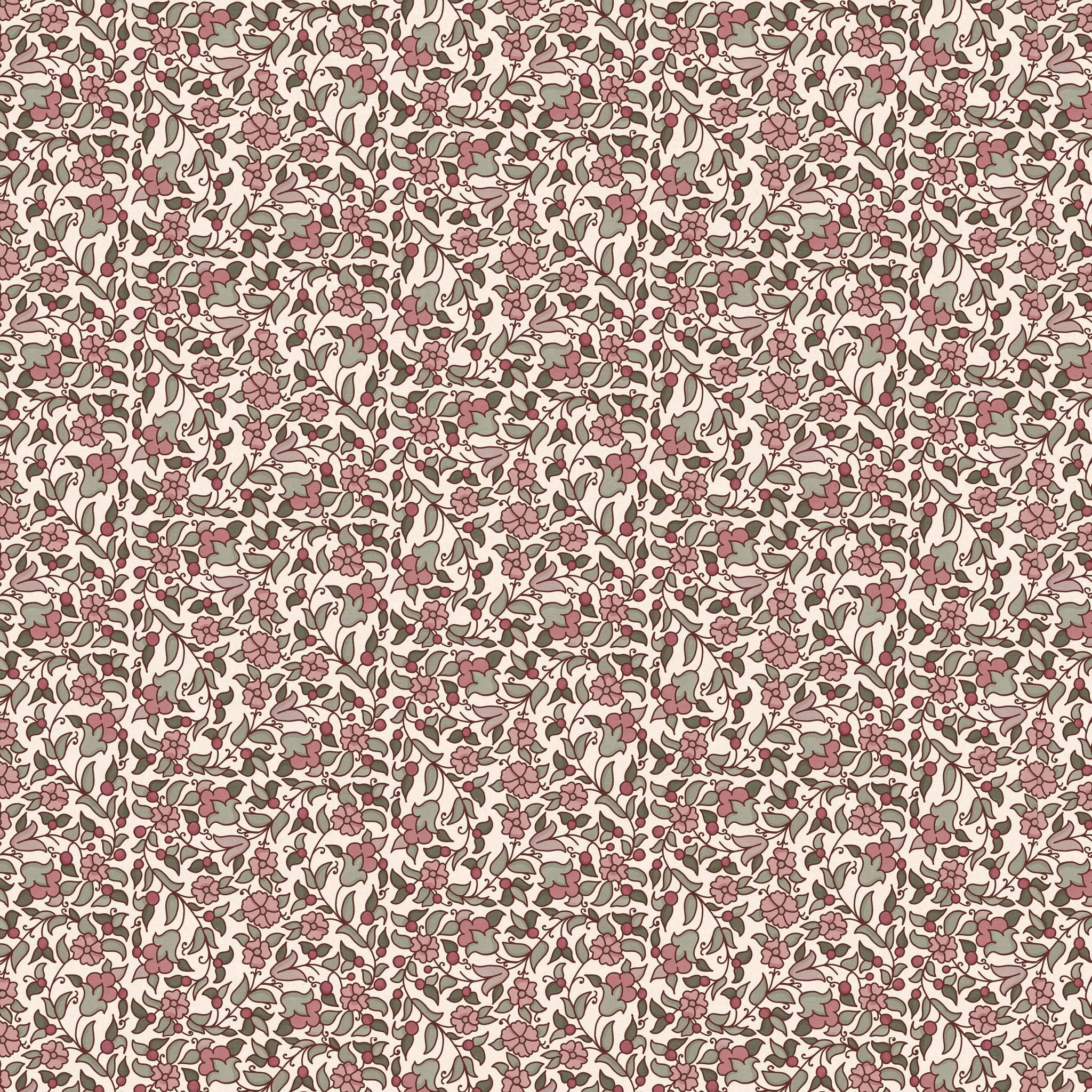 Close-up swatch of Pimpernel Patch wallpaper in pink with intricate floral and leaf design - Huggleberry Hill