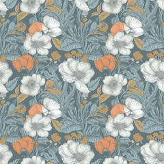 Floral pattern with orange, white, and green flowers on a blue background
