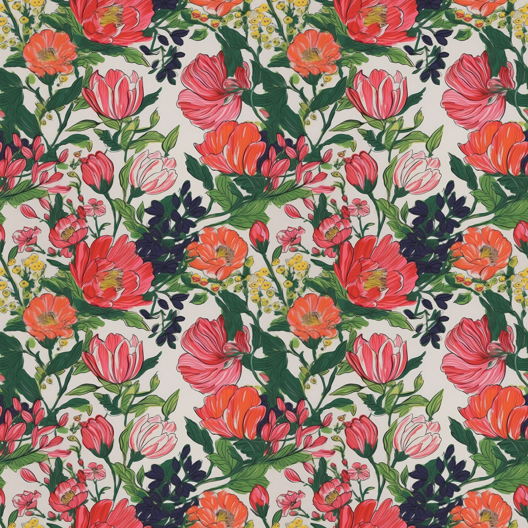 Floral pattern with pink, orange, and red flowers on a white background