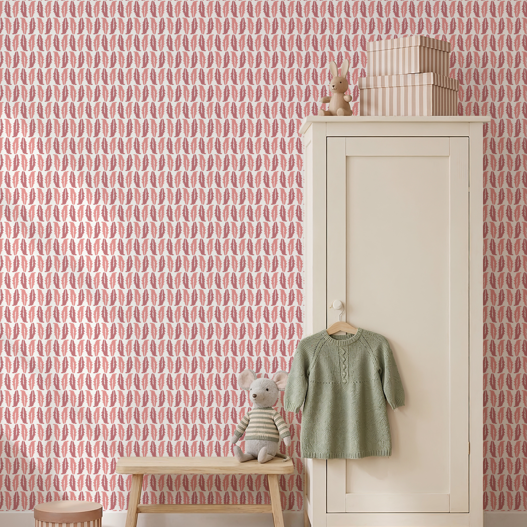 Children's room with pink patterned wallpaper, a green dress on a hanger, and a stuffed toy on a stool.