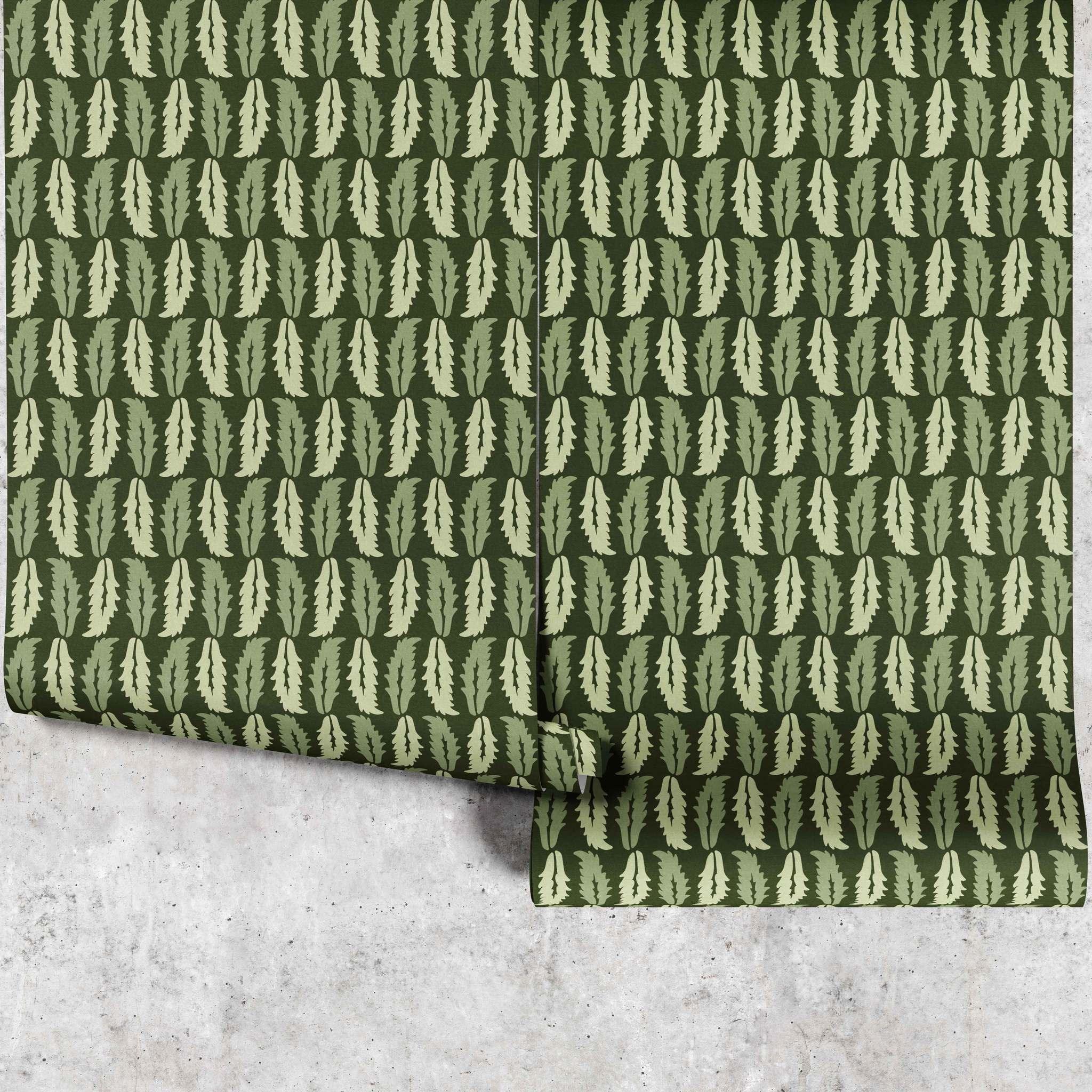 Sweet Chestnut wallpaper full panel in dark green showing leaf pattern design - Huggleberry Hill