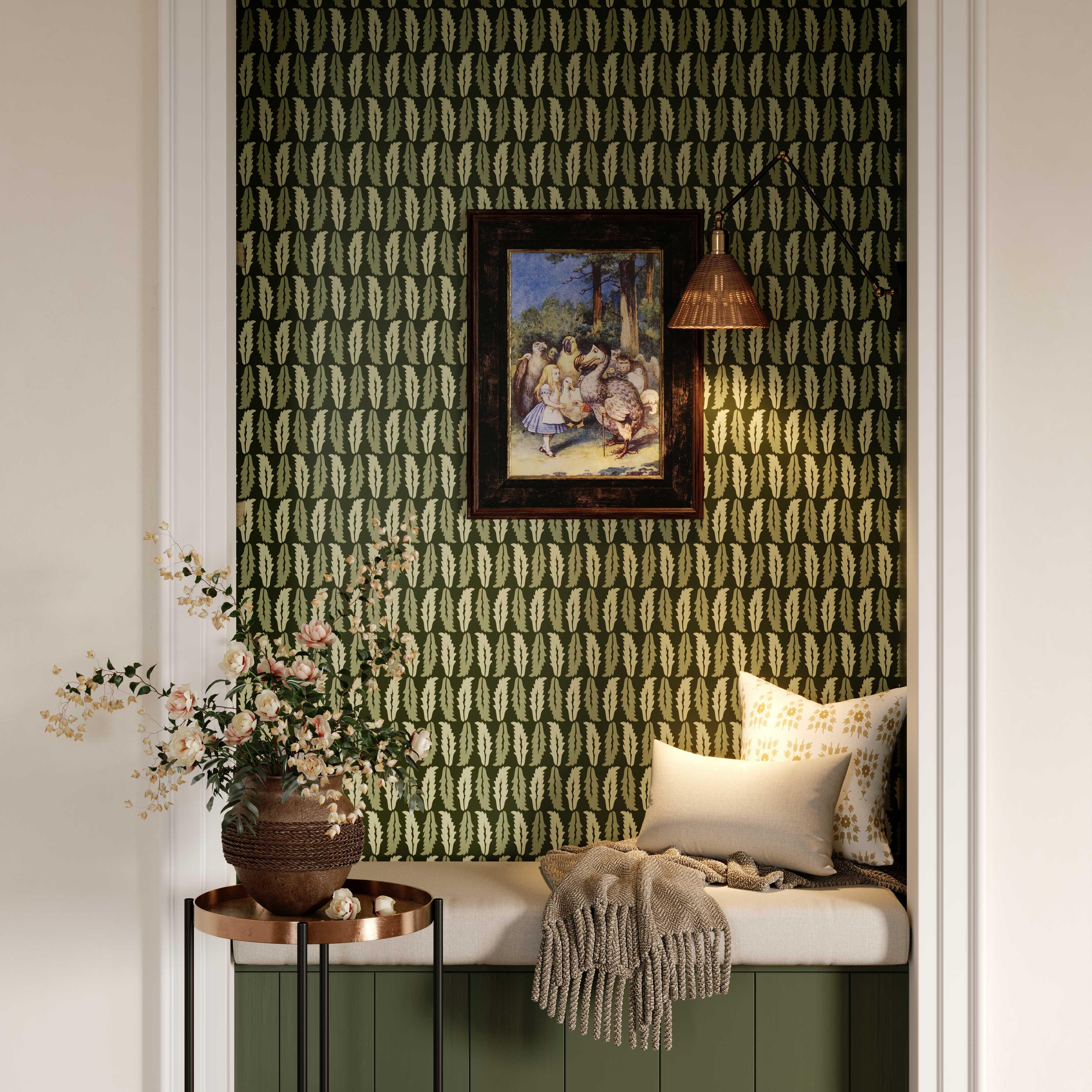 Sweet Chestnut wallpaper in dark green styled in a botanical interior - Huggleberry Hill