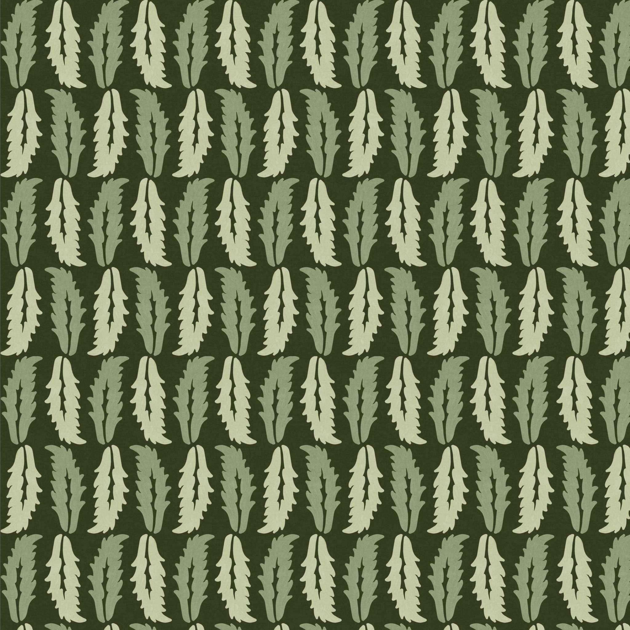 Close-up swatch of Sweet Chestnut wallpaper in dark green with repeating chestnut leaf pattern - Huggleberry Hill