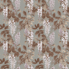 Floral pattern with wisteria flowers and leaves on a light green background