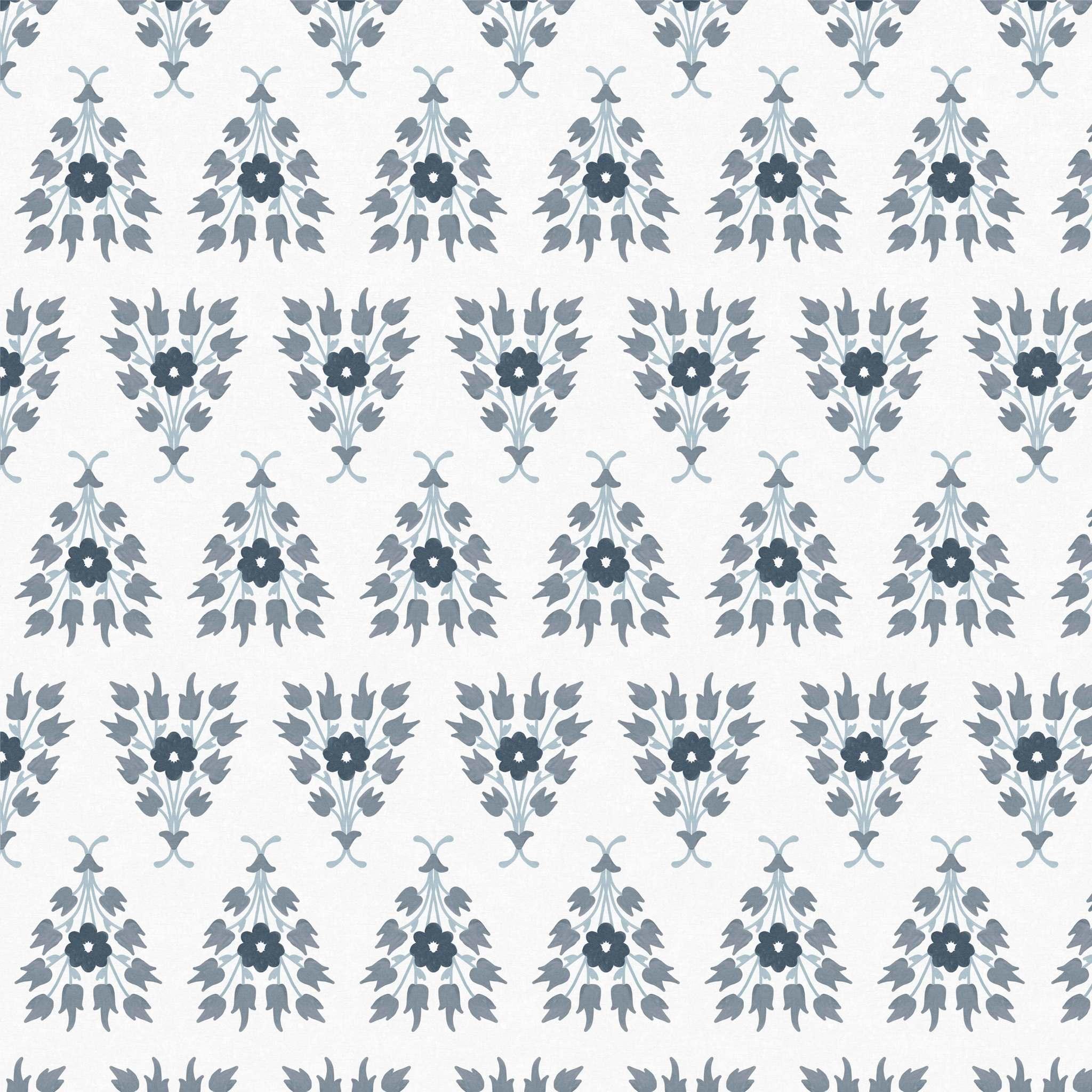 Close-up of Blue Tulips and Tussie-Mussies Wallpaper pattern – eco-friendly wallcovering