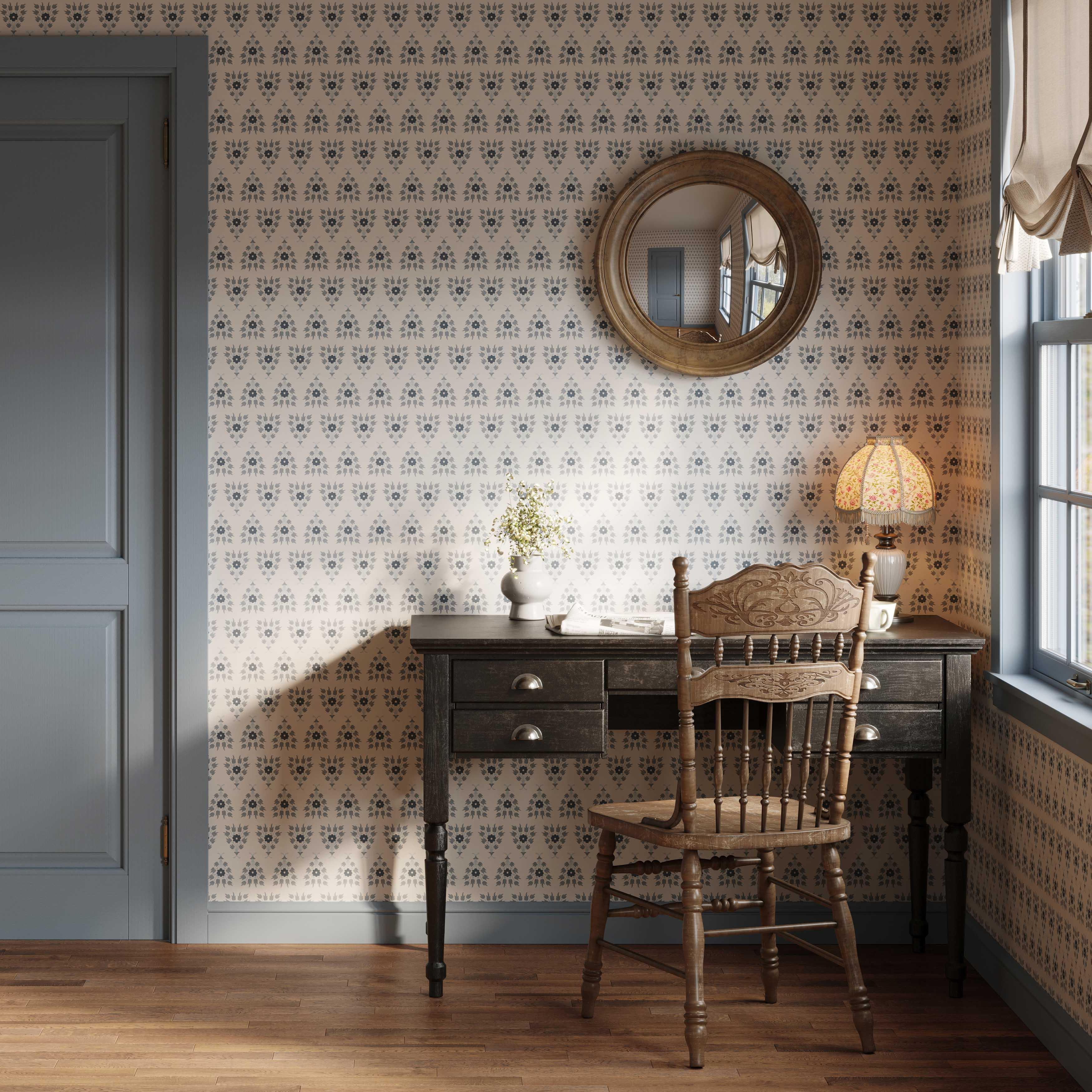Room view of Blue Tulips and Tussie-Mussies Wallpaper in a living room