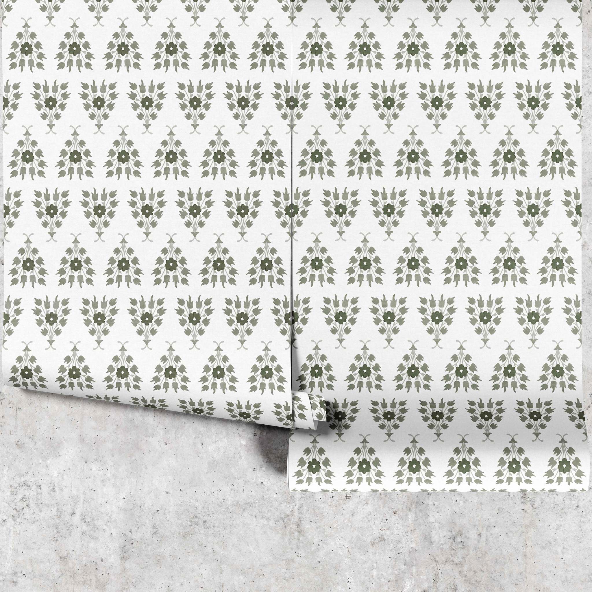 Full panels of Tulips and Tussie-Mussies Green Wallpaper, 30-inch wide eco-friendly floral tulip design.