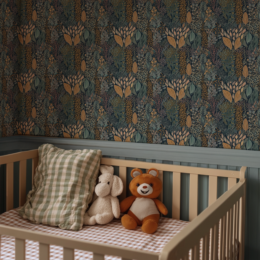 Wooden crib with stuffed toys and a plaid pillow against a patterned wall.