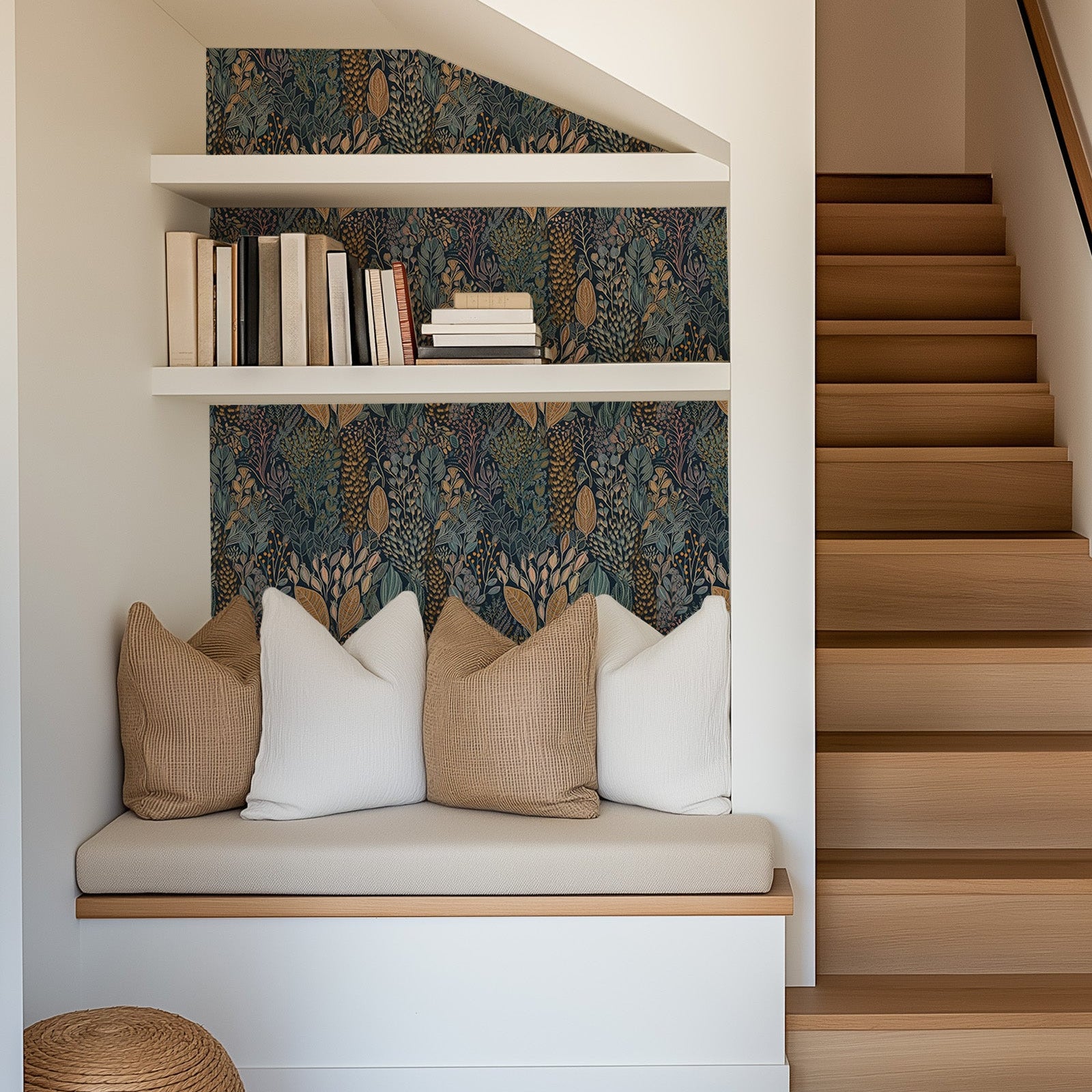 A cosy reading nook at the bottom of the staircase with woodland forest wallpaper in blue tones.
