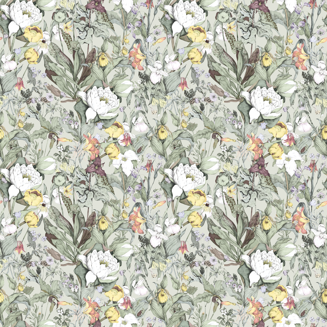 Floral pattern with white flowers and green leaves on a light background