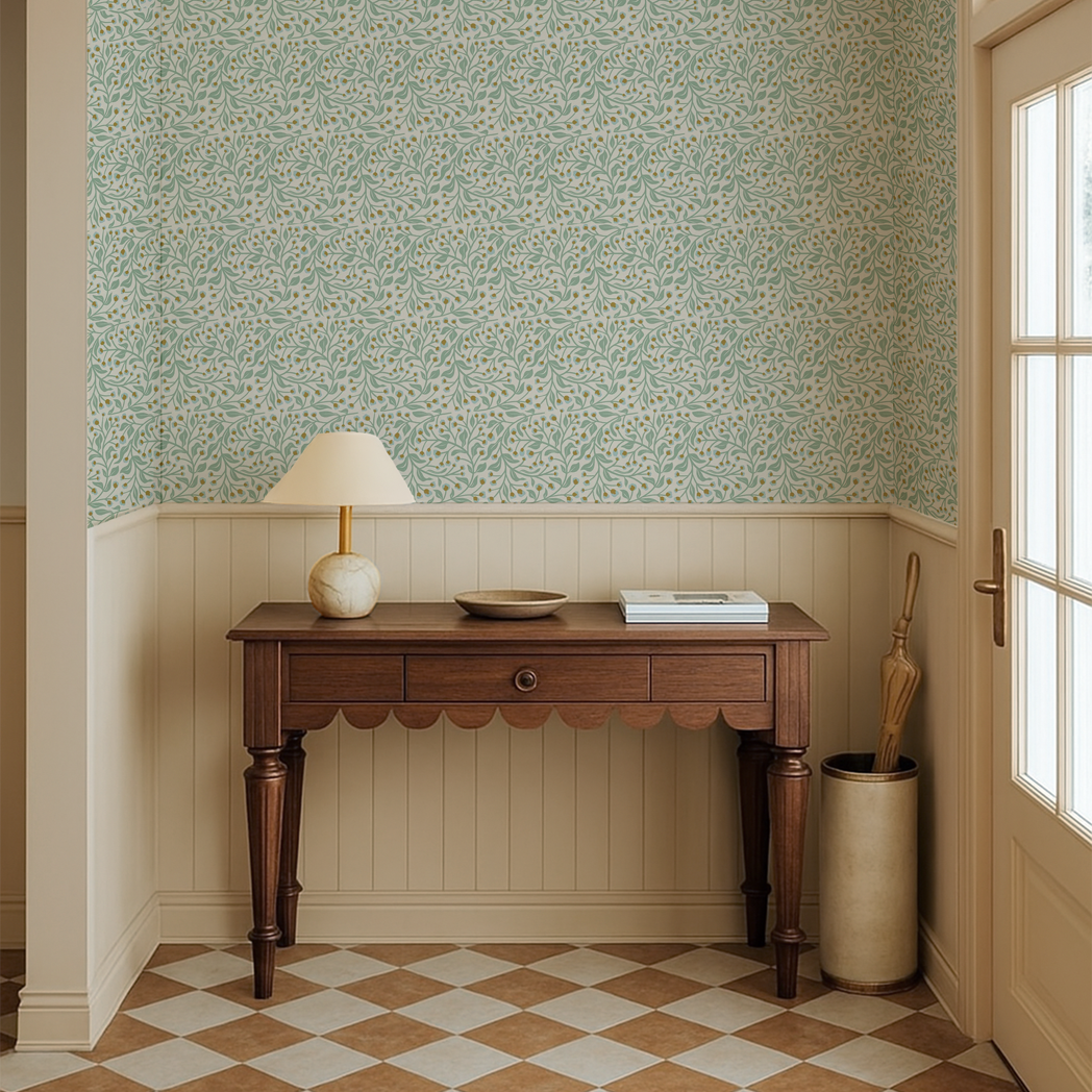 Narrow hallway with wooden console table, lamp, and decorative items against a patterned wall.