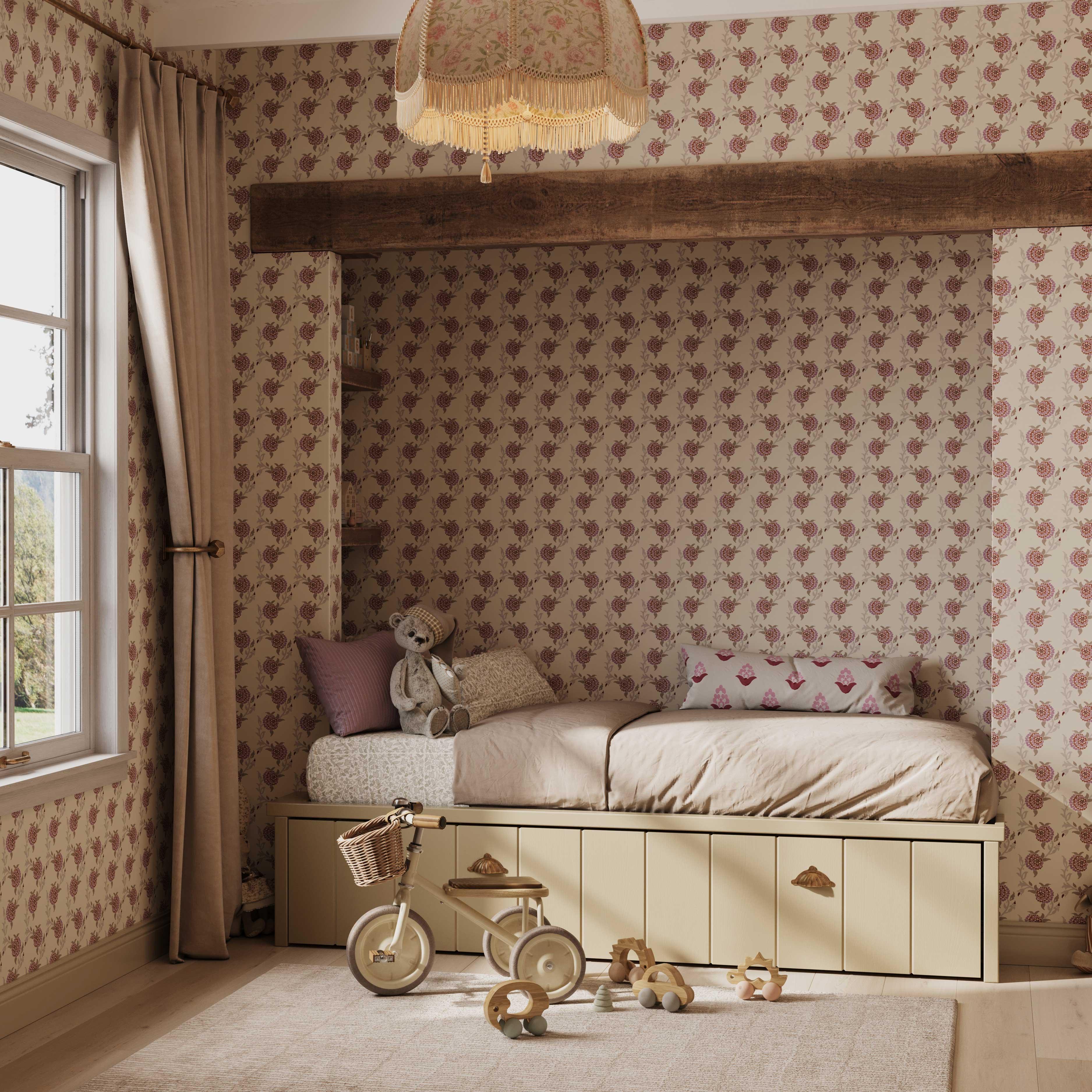 Winding Zinnia wallpaper in natural and purple styled in a vintage floral interior - Huggleberry Hill