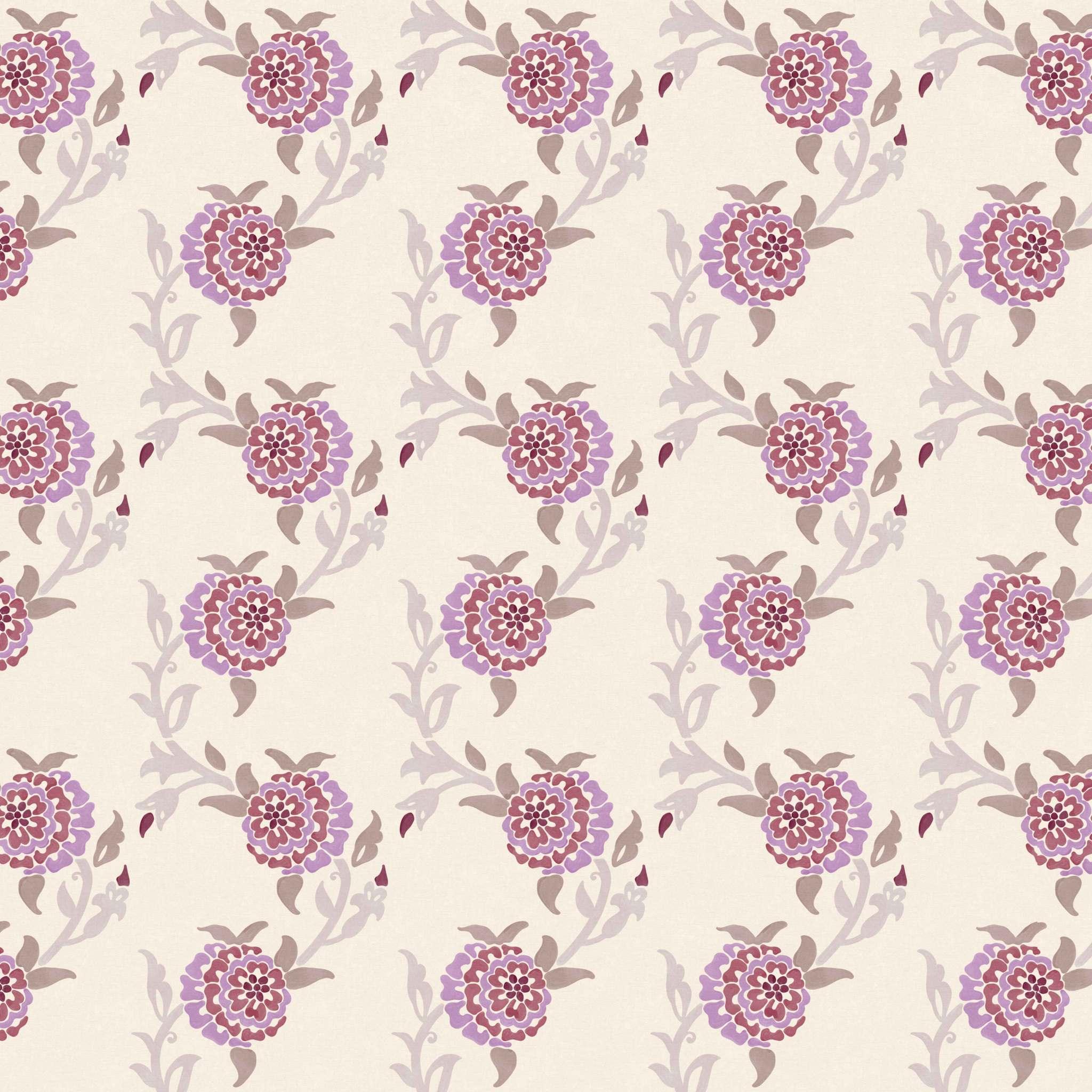 Close-up swatch of Winding Zinnia wallpaper in natural and purple with zinnia blossom and vine pattern - Huggleberry Hill