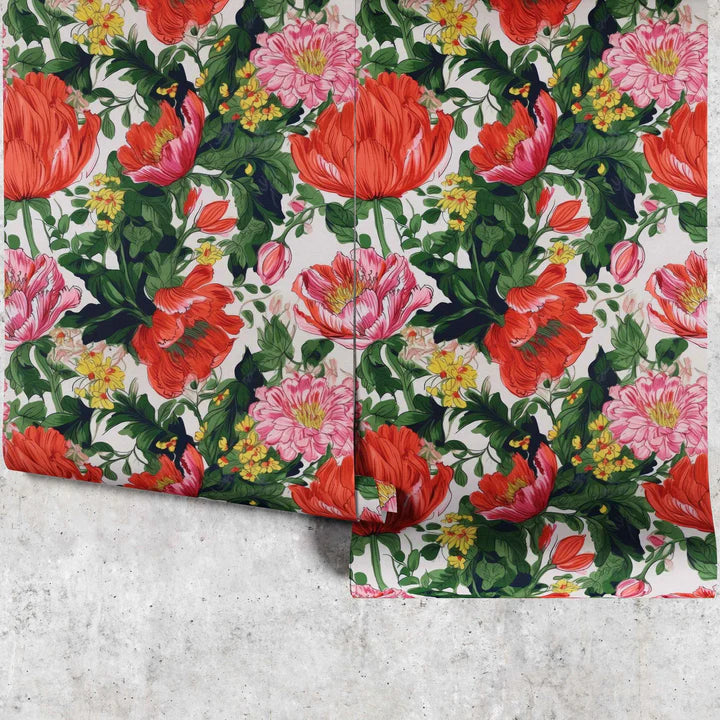 Floral wallpaper with large red and pink florals