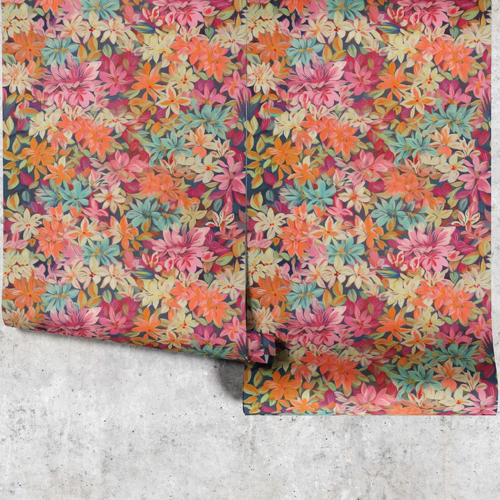 busy floral wallpaper with orange, pink and blue flowers