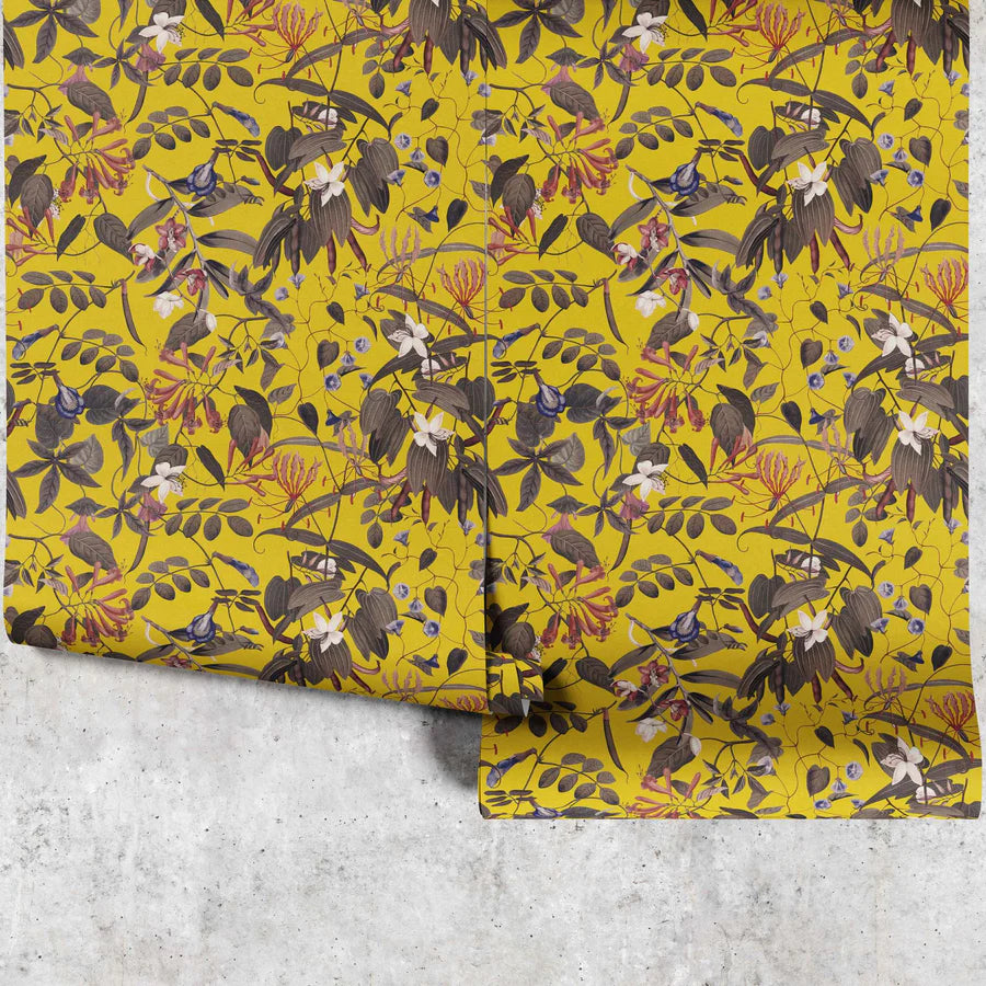 Yellow botanical wallpaper with branches and leaves