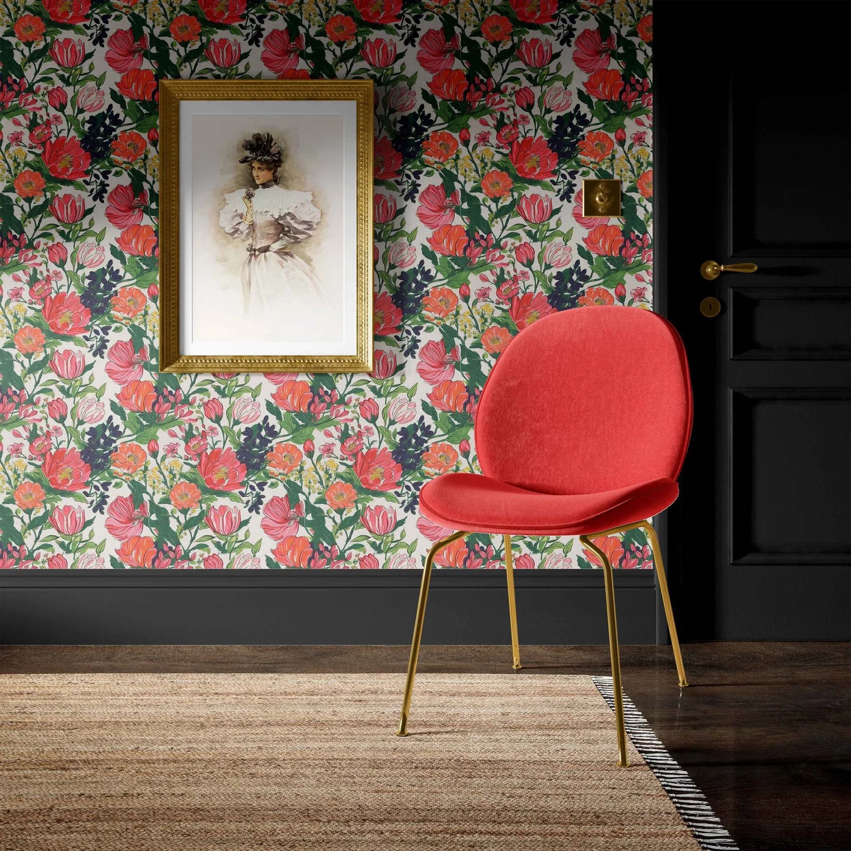 Moody hallway with floral wallpaper