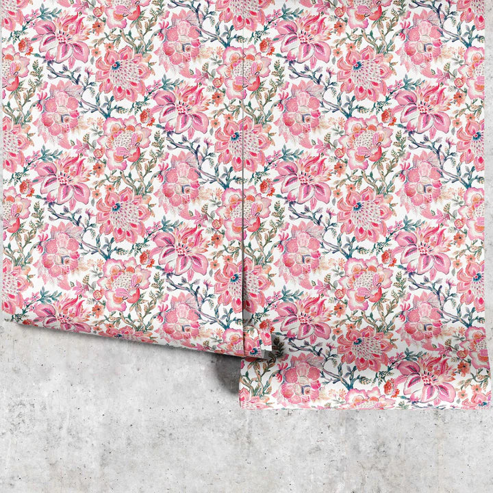 Pink floral chintz paisley wallpaper with white background